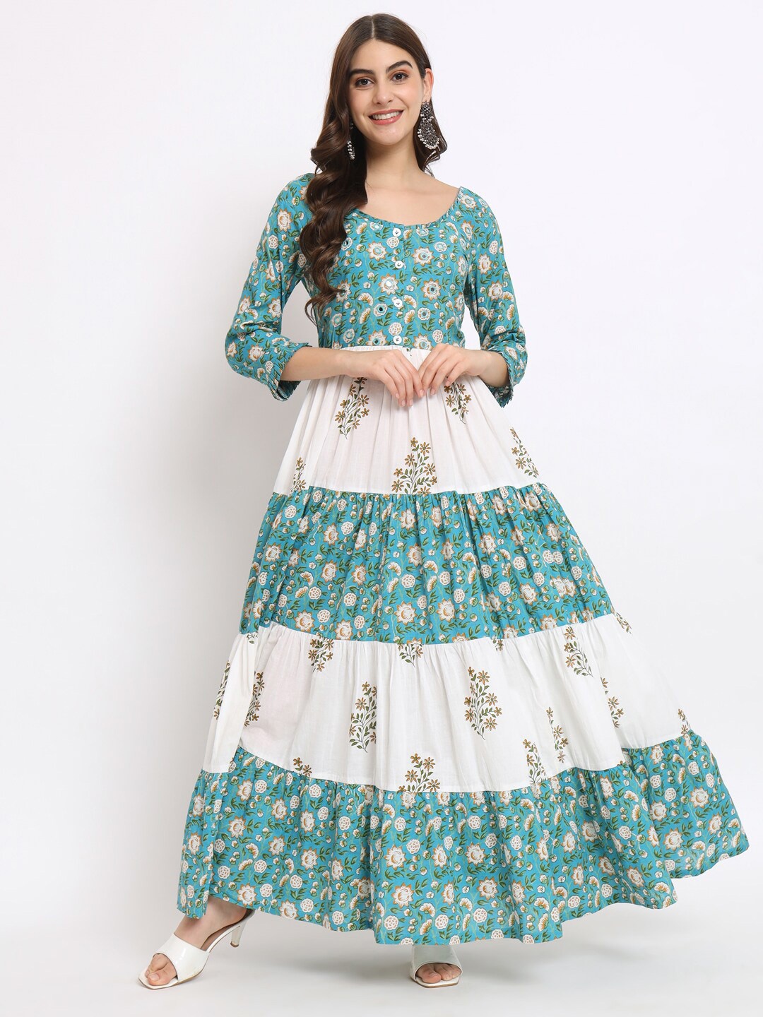 

SALWAT Round Neck Floral Print Maxi Dress, Blue