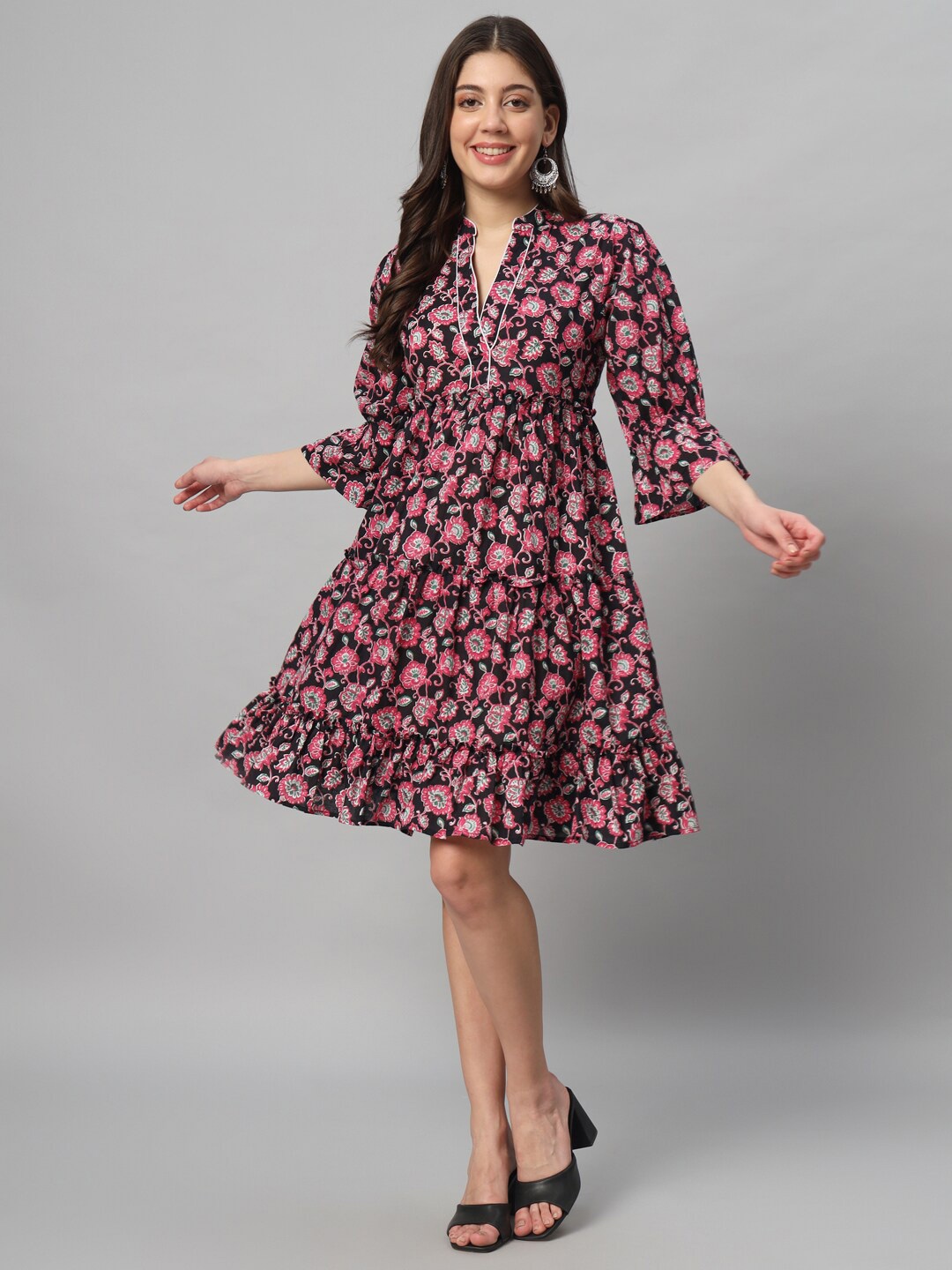 

SALWAT Mandarin Collar Floral Print Bell Sleeve Cotton Fit & Flare Dress, Maroon