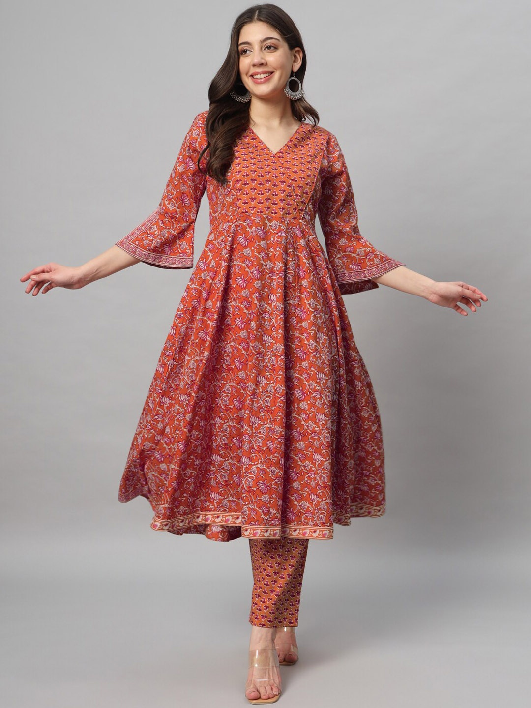 

SALWAT Floral Printed Empire Pure Cotton V-Neck Anarkali Kurta With Trousers, Orange
