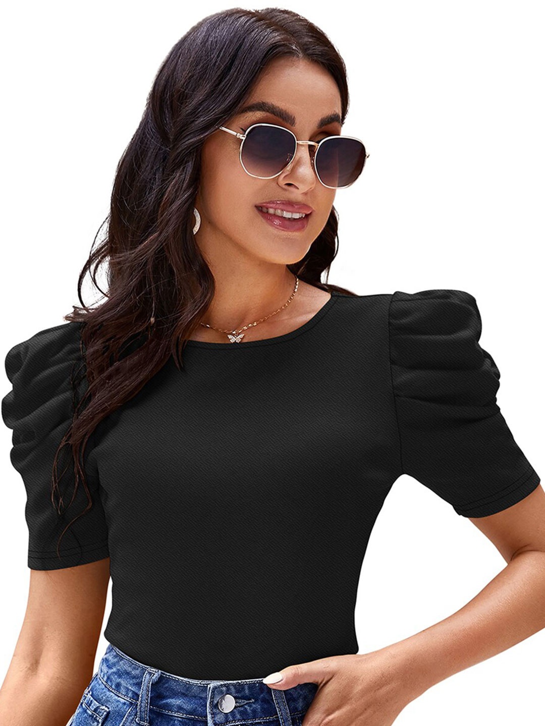 

BAESD Round Neck Puff Sleeves Casual Top, Black