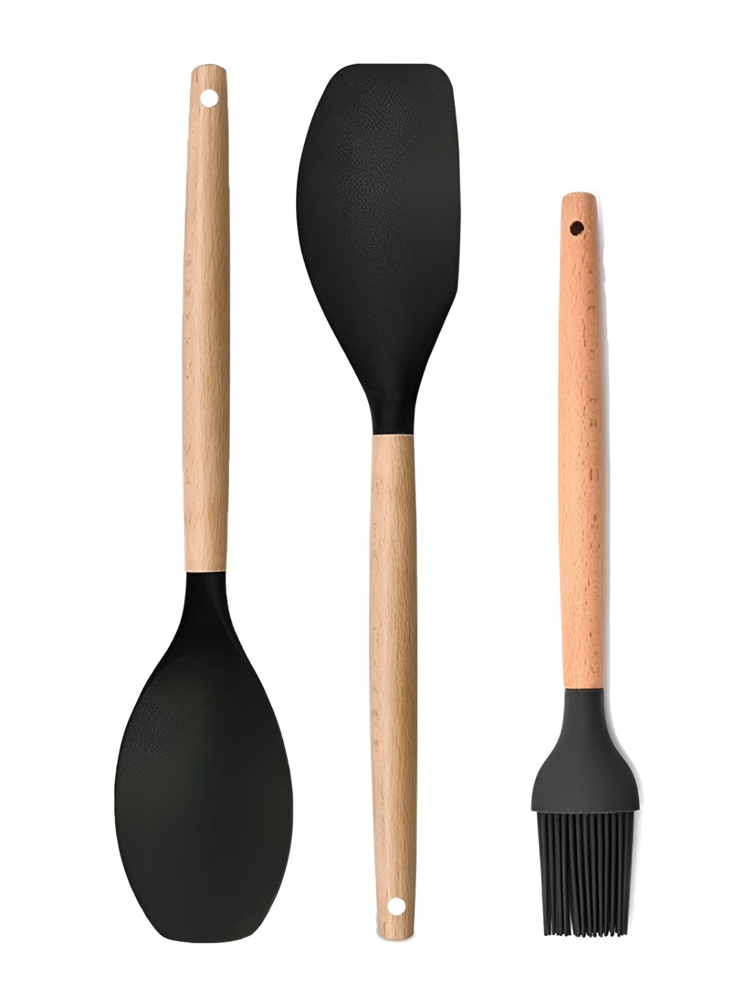 

P-Plus International Black 3 Pieces Silicone Spatula Set With Wooden Handle