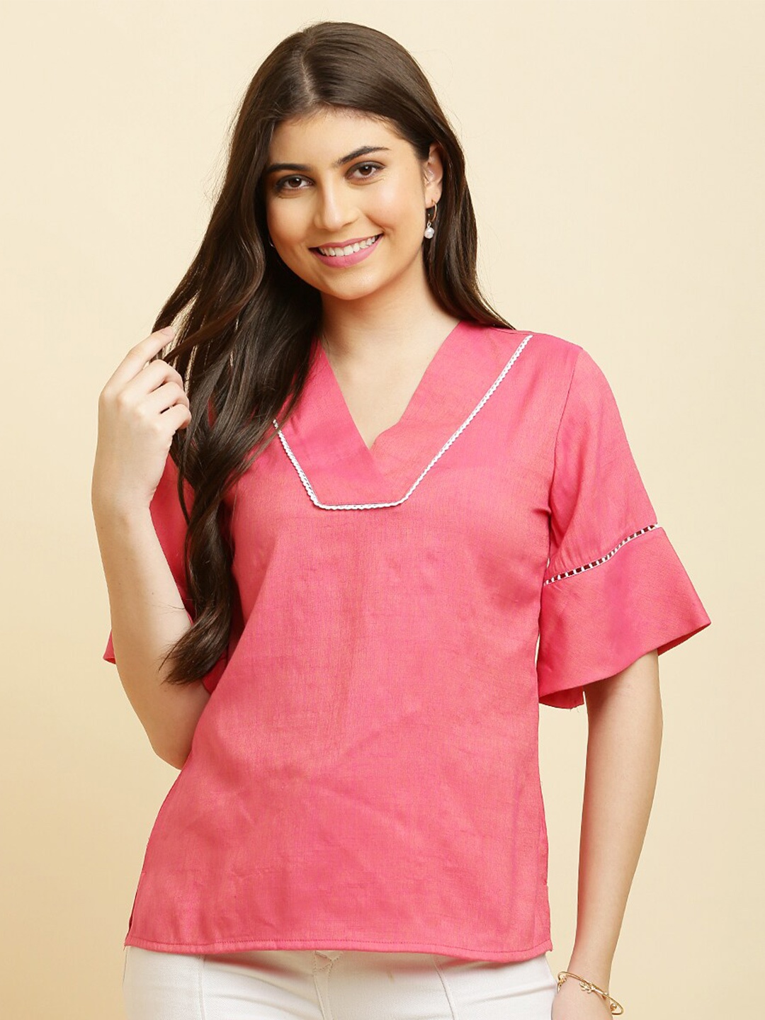 

HELLO DESIGN Self Design Bell Sleeves Cotton Top, Peach