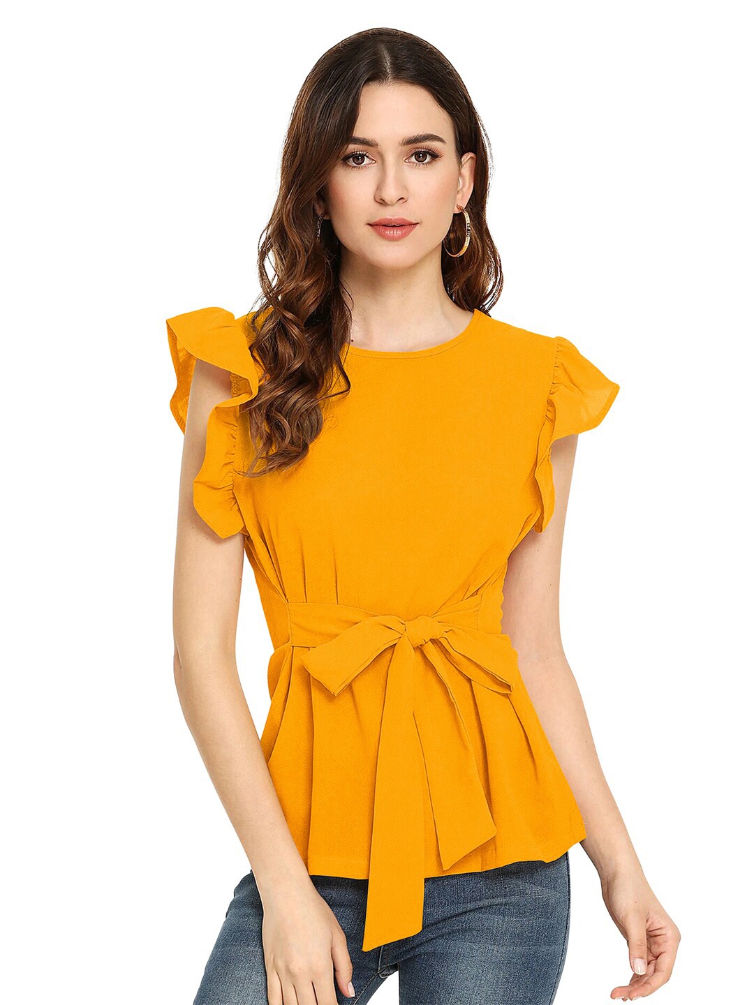 

BAESD Round Neck Flutter Sleeves Waist Tie-Ups Top, Yellow