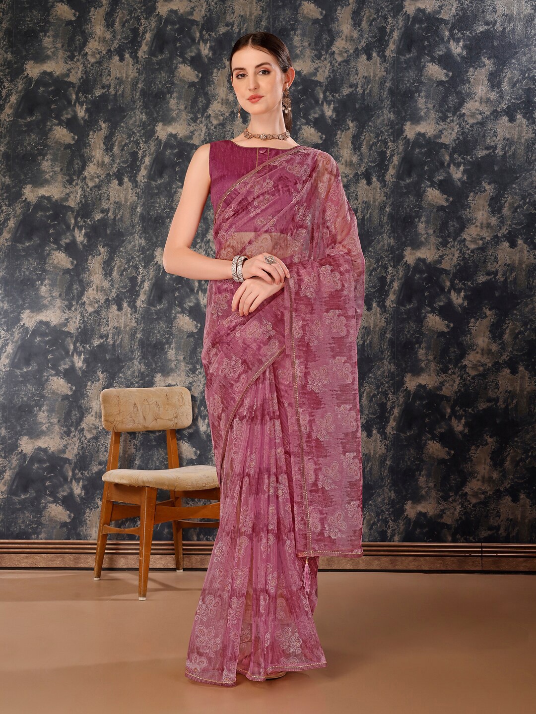

Indian Women Woven Design Embroidered Pure Chiffon Saree, Purple