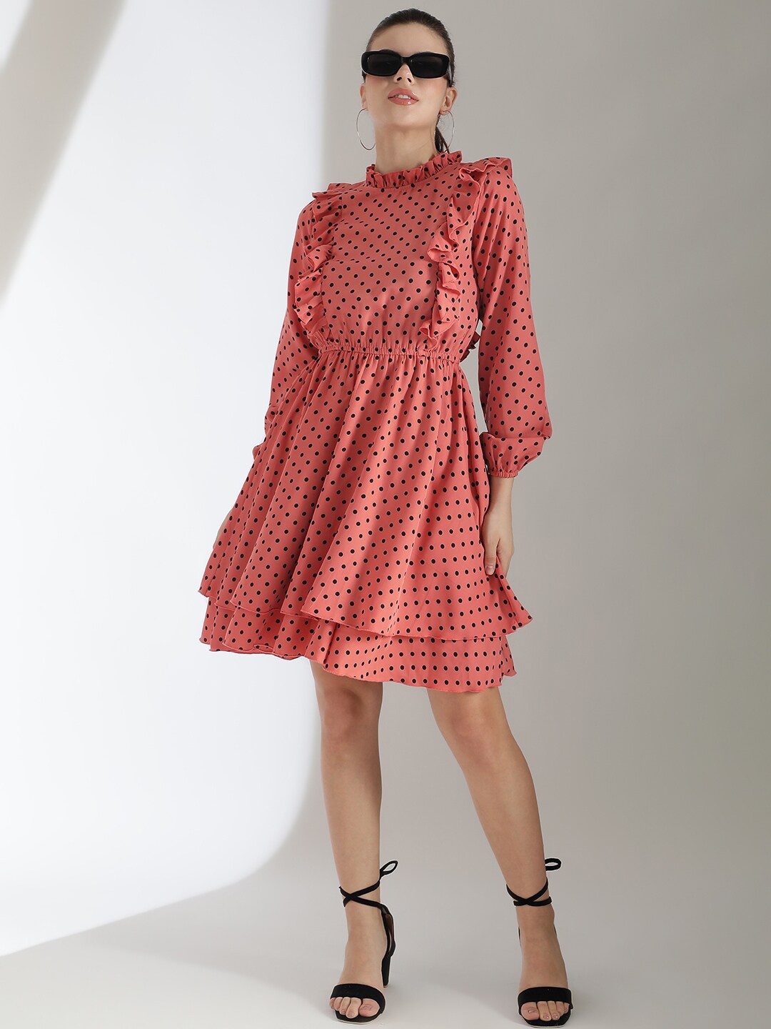 

Stylecast X Kotty Polka Dot Print Cuffed Sleeve Layered Fit & Flare Dress, Orange