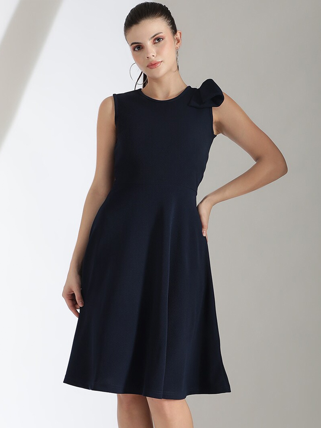 

Stylecast X Kotty Round Neck Bow Detail Fit & Flare Dress, Navy blue
