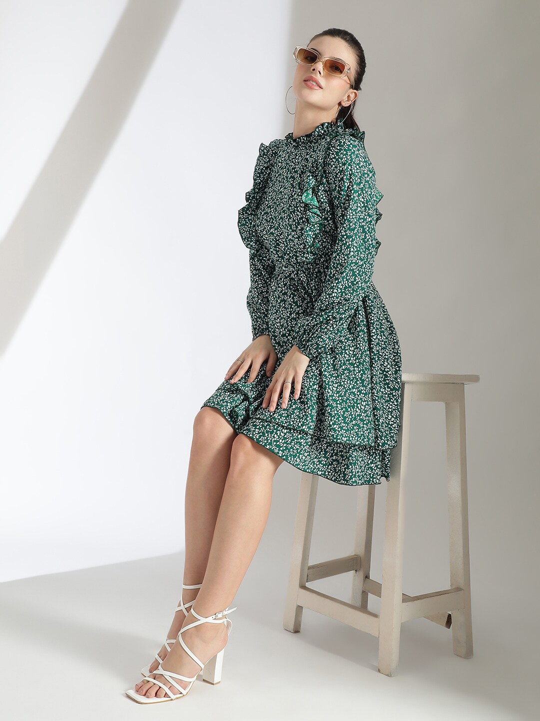 

Stylecast X Kotty Floral Print Cuffed Sleeve Layered Fit & Flare Dress, Green