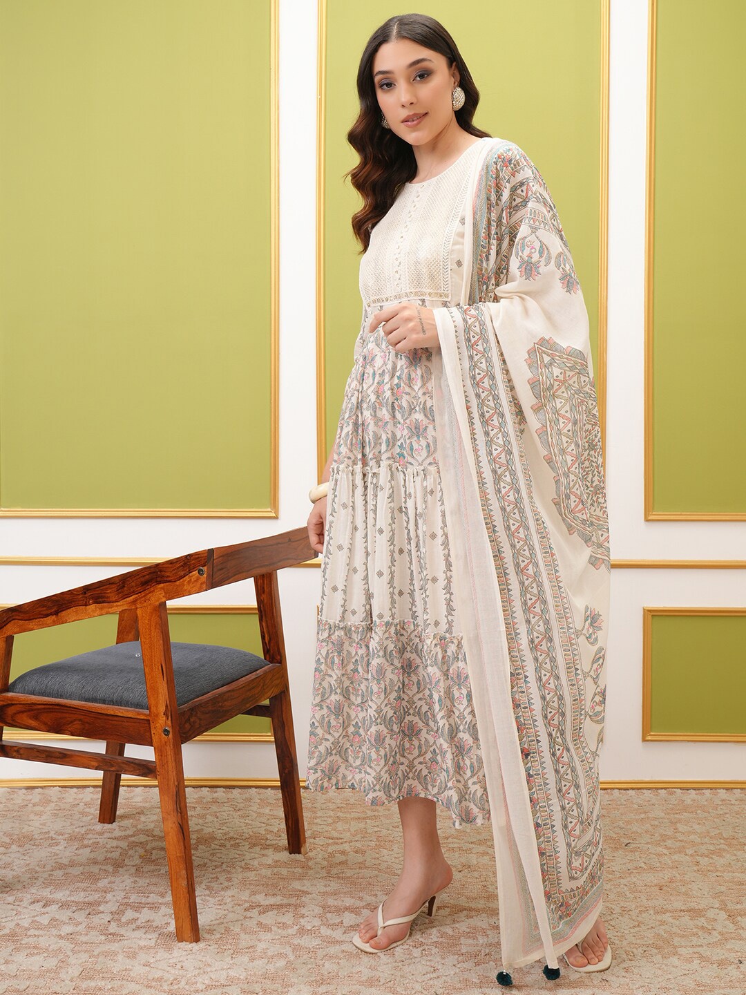 

Vishudh Ethnic Motifs Print Fit and Flare Midi Dress With Dupatta, Off white