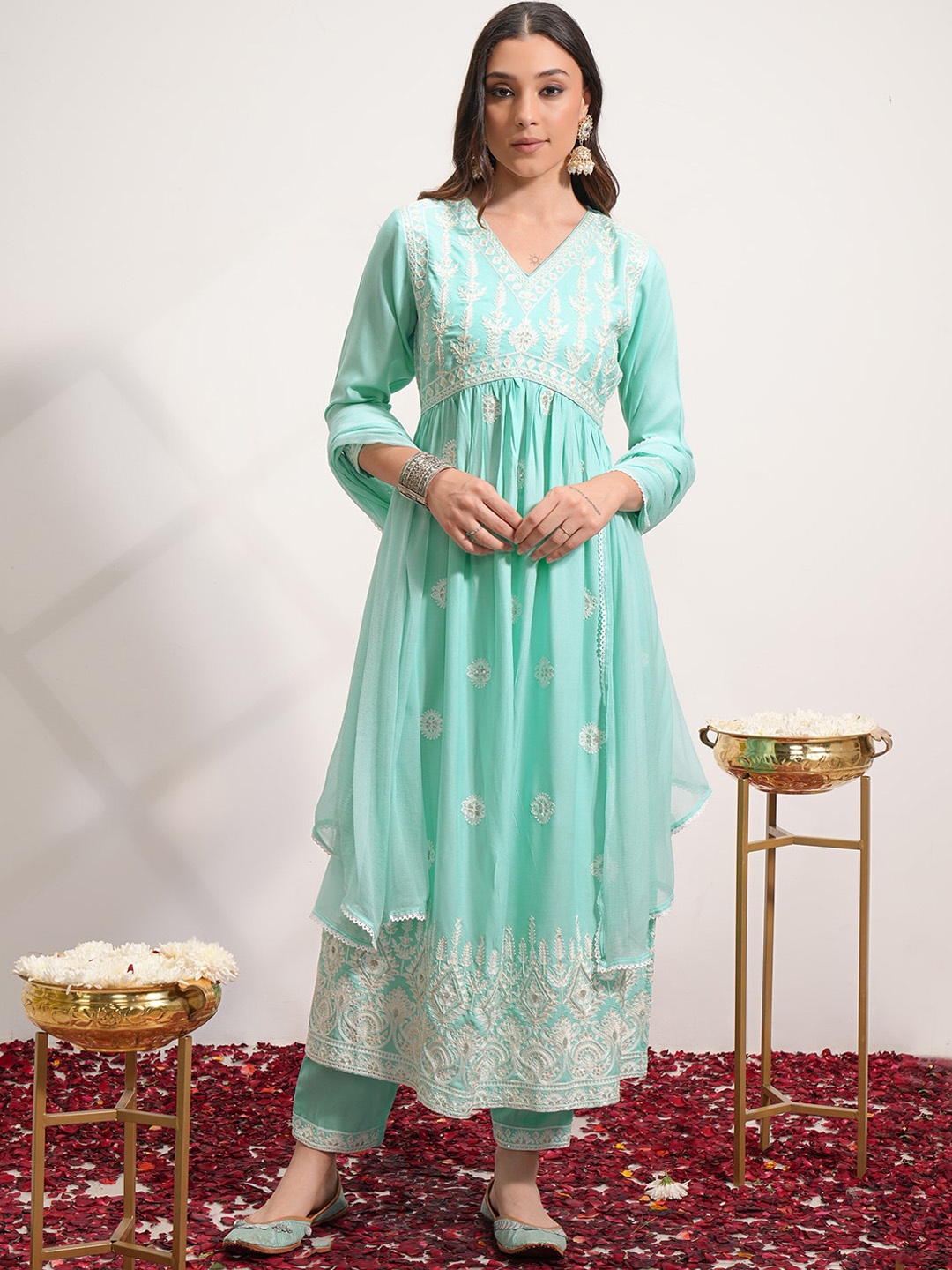 

Vishudh Blue Floral Embroidered Empire Anarkali Kurta With Trousers & Dupatta