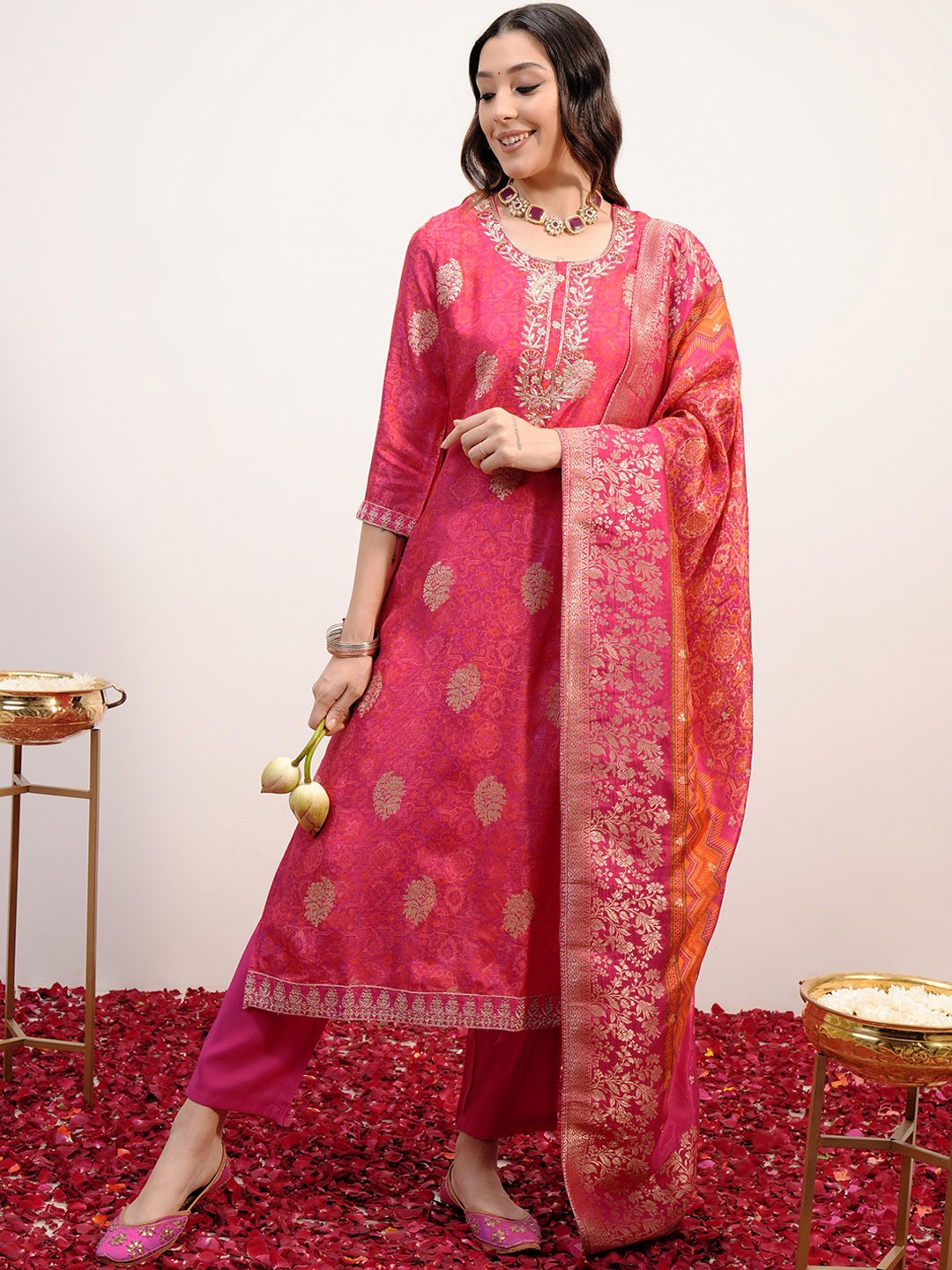 

Vishudh Embroidered Regular Kurta with Trousers & With Dupatta, Pink