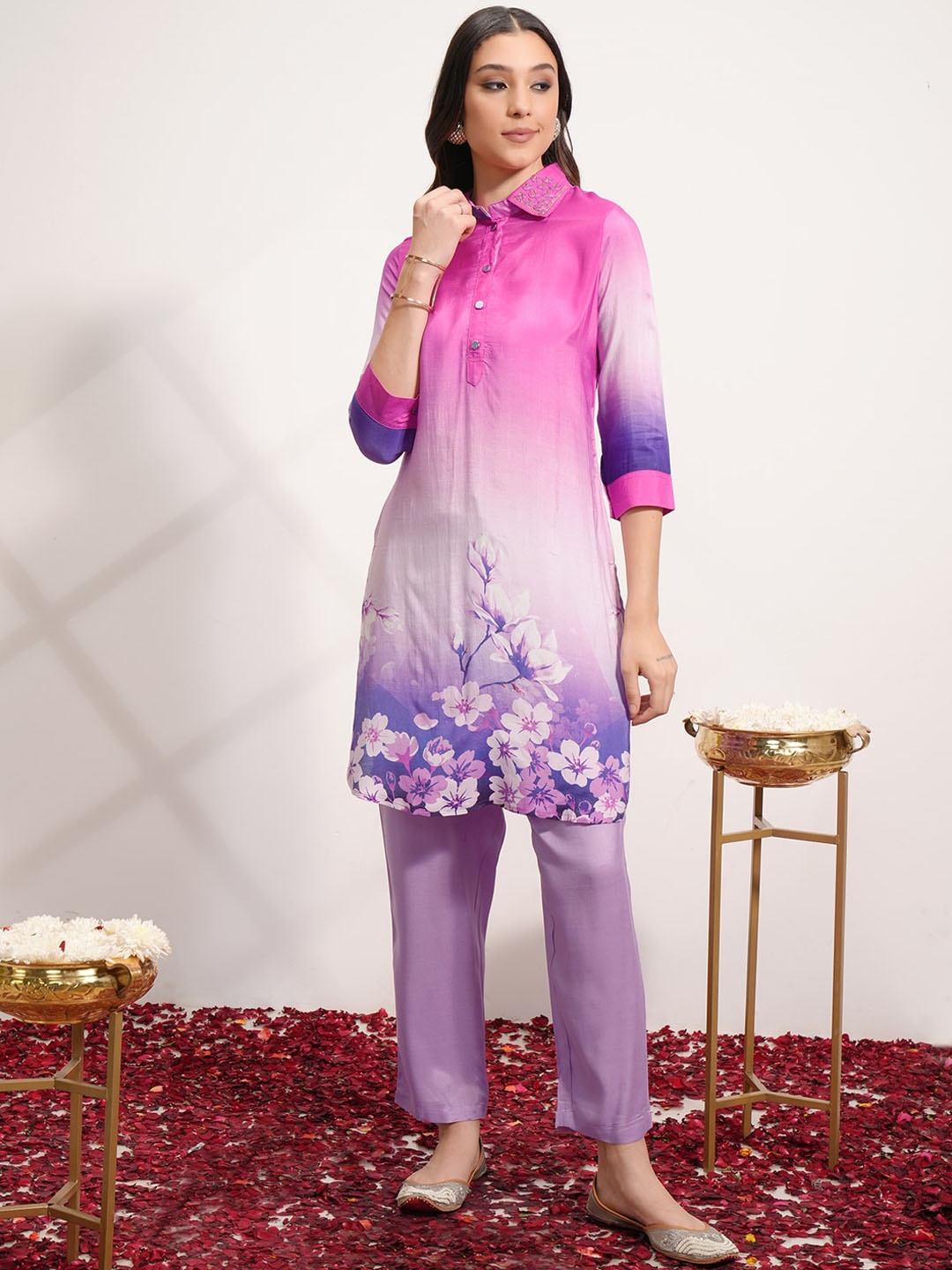 

Vishudh Pink Floral Printed Shirt Collar Tunic & Trouser