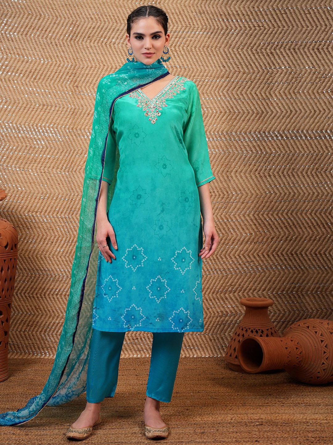 Vishudh Blue Bandhani Printed Sequinned Straight Kurta With Trousers & Dupatta