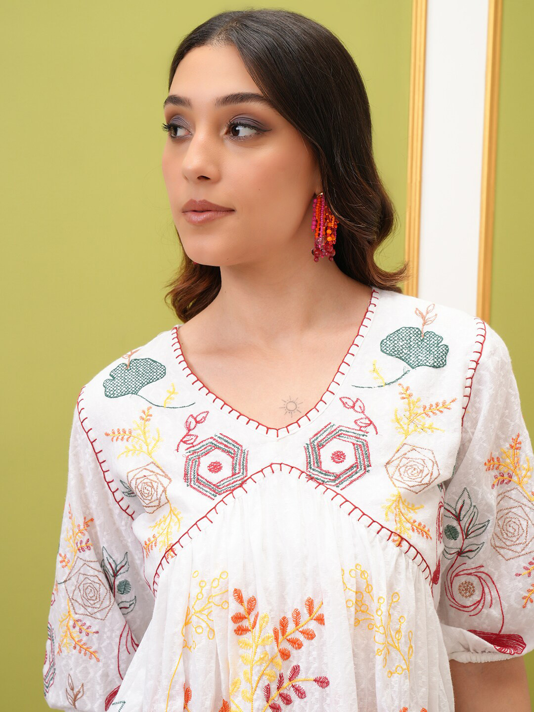 

Vishudh Floral Print Three-Quarter Sleeves V-Neck Cotton A-Line Dress, Multi