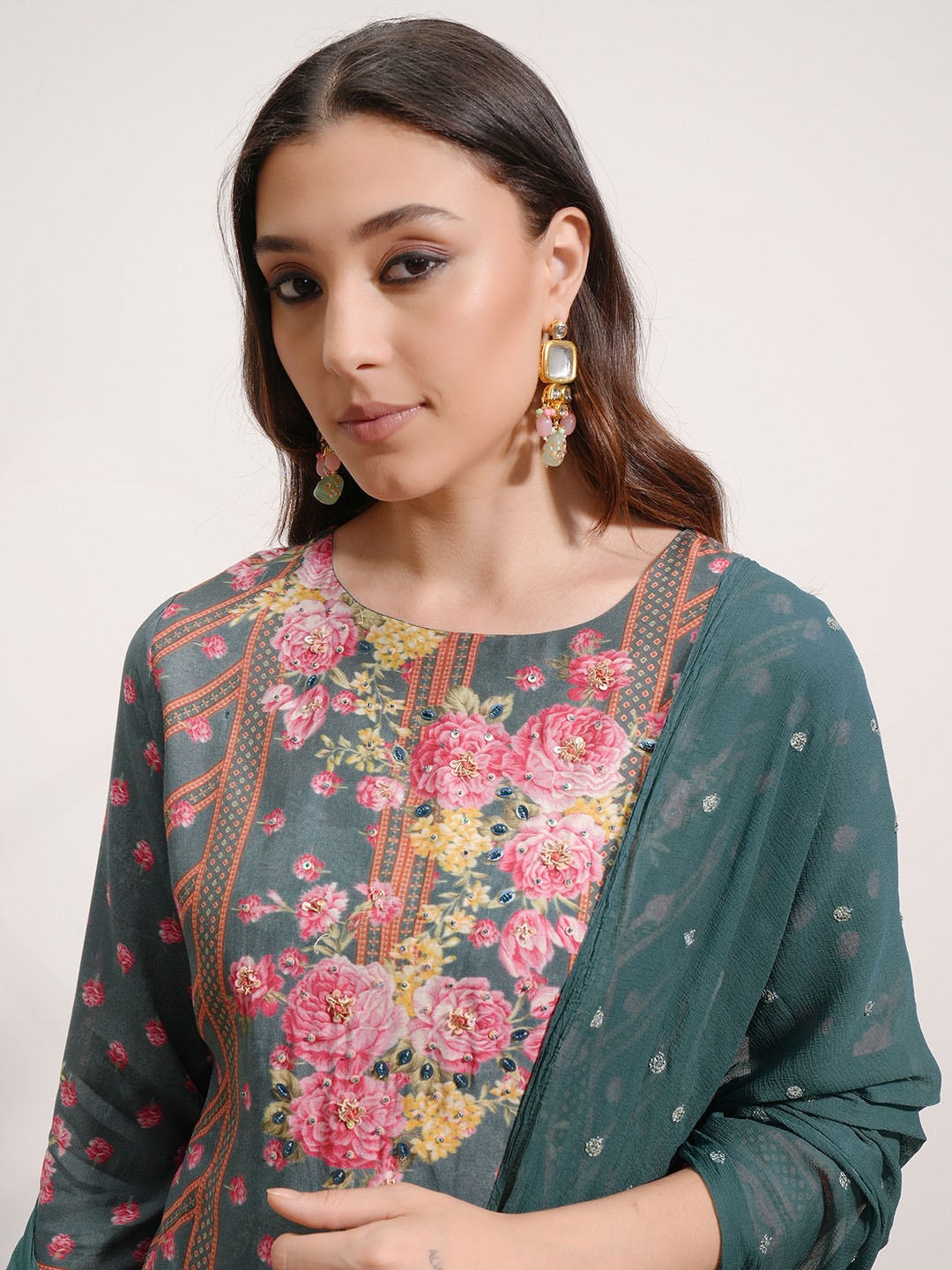 

Vishudh Floral Printed Regular Beads and Stones Kurta with Sharara & With Dupatta, Green