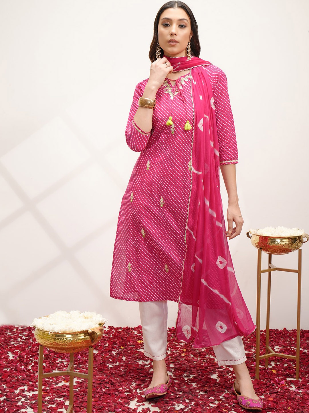 

Vishudh Pink Striped Regular Mirror Work Pure Cotton Kurta with Trousers & Dupatta