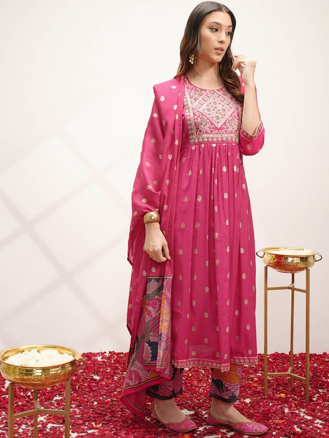 

Vishudh Pink Ethnic Motifs Printed Empire Thread Work Kurta with Trousers & Dupatta