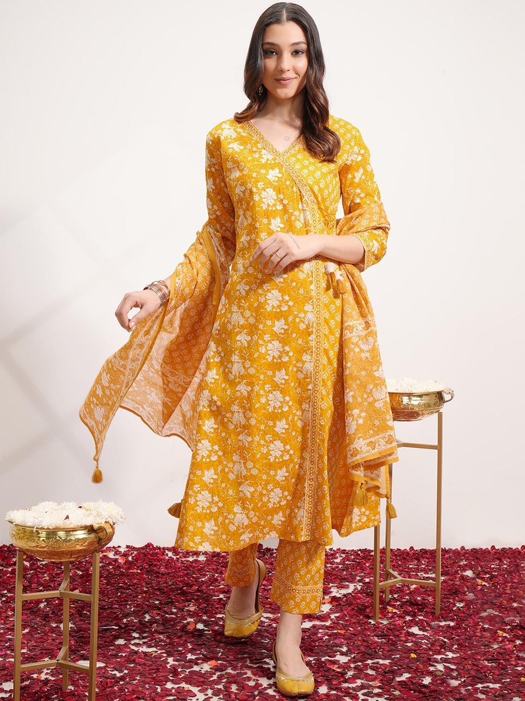 

Vishudh Floral Printed Angrakha Pure Cotton Anarkali Kurta & Trousers With Dupatta, Yellow