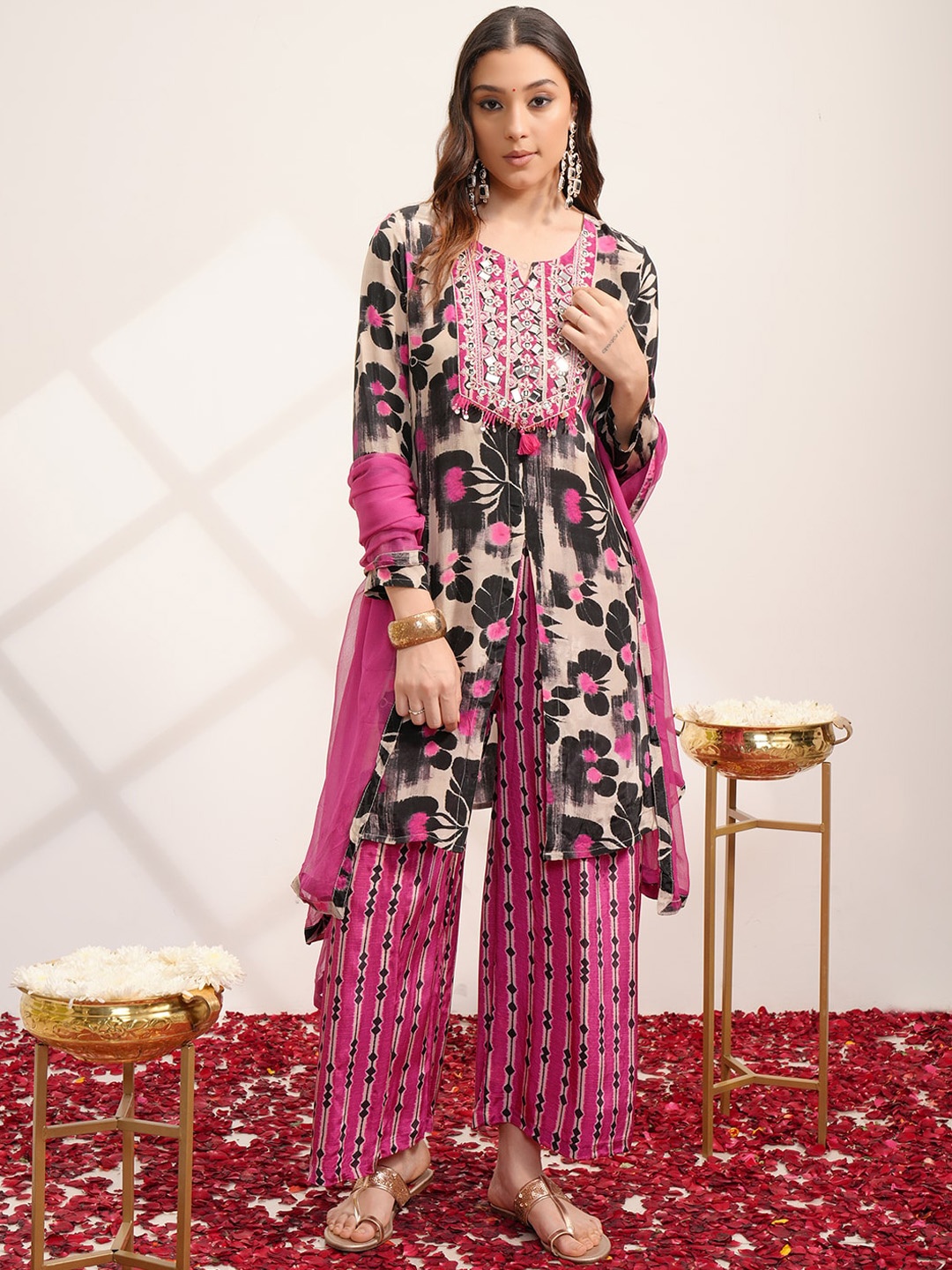 

Vishudh Pink Floral Printed Mirror Work A-Line Kurta With Palazzos & Dupatta