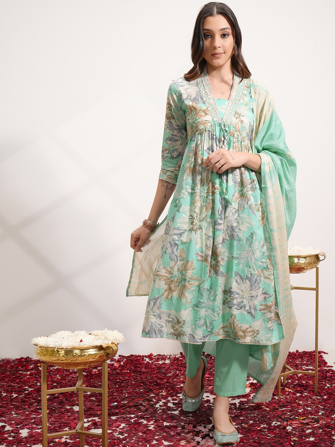 

Vishudh Green Floral Printed Pure Cotton Empire Anarkali Kurta With Trousers & Dupatta