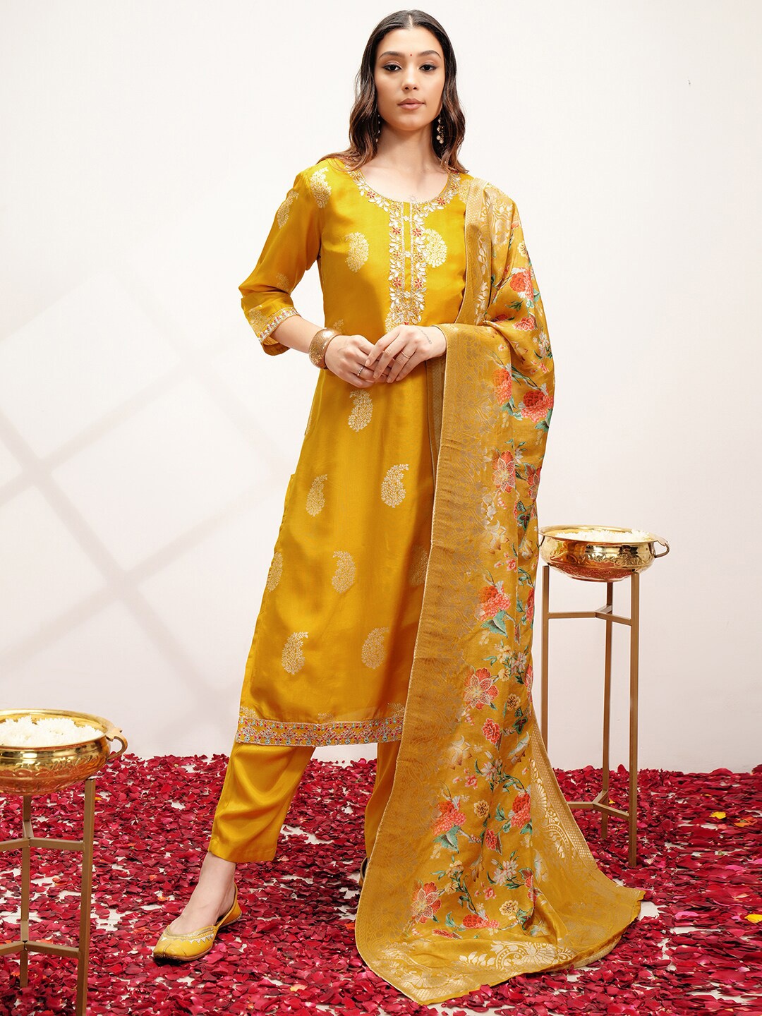 

Vishudh Ethnic Motifs Embroidered Regular Thread Work Kurta with Trouser & Dupatta, Yellow