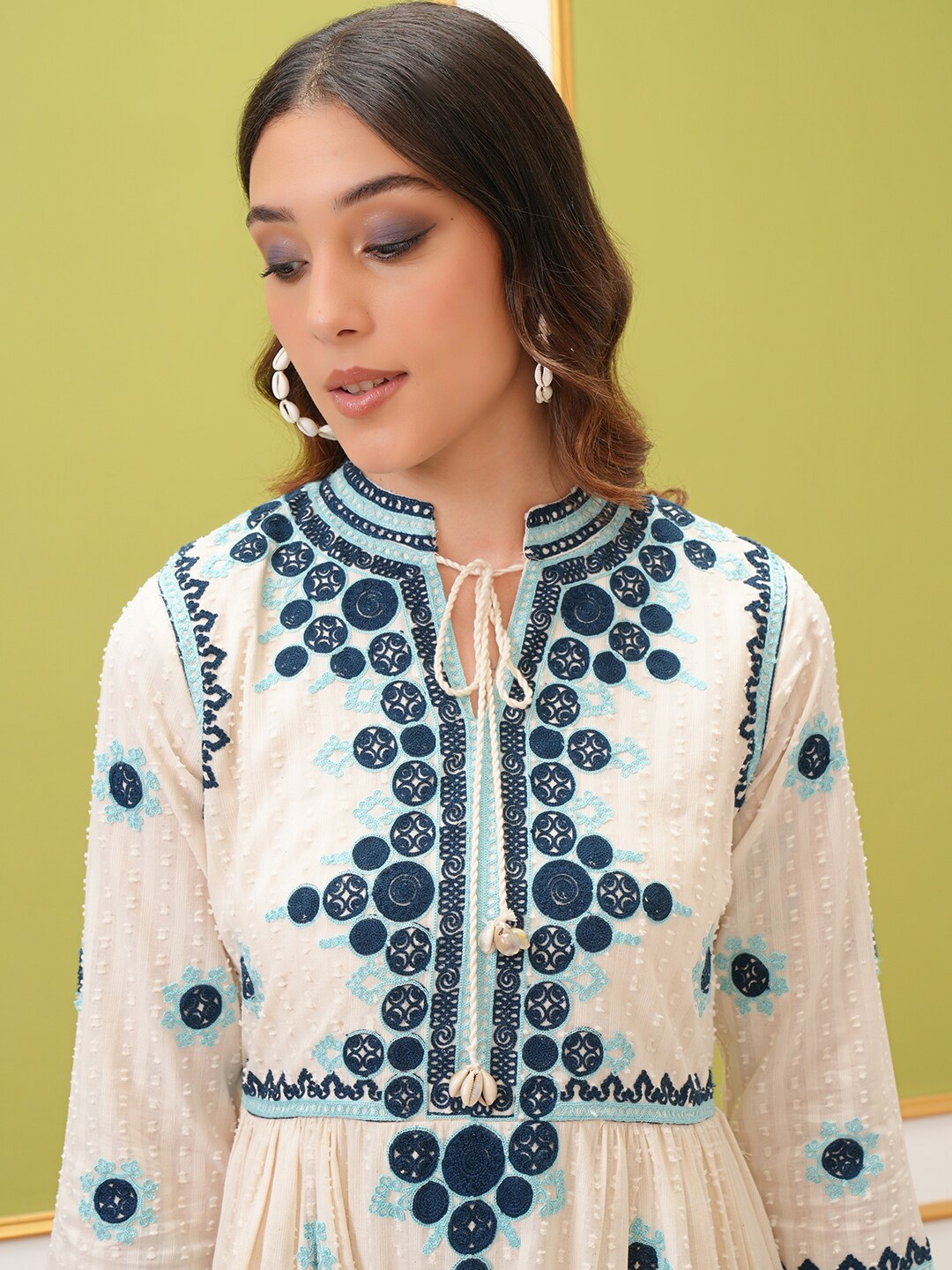 

Vishudh Floral Print Mandarin Collar Cotton Fit & Flare Dress, Blue