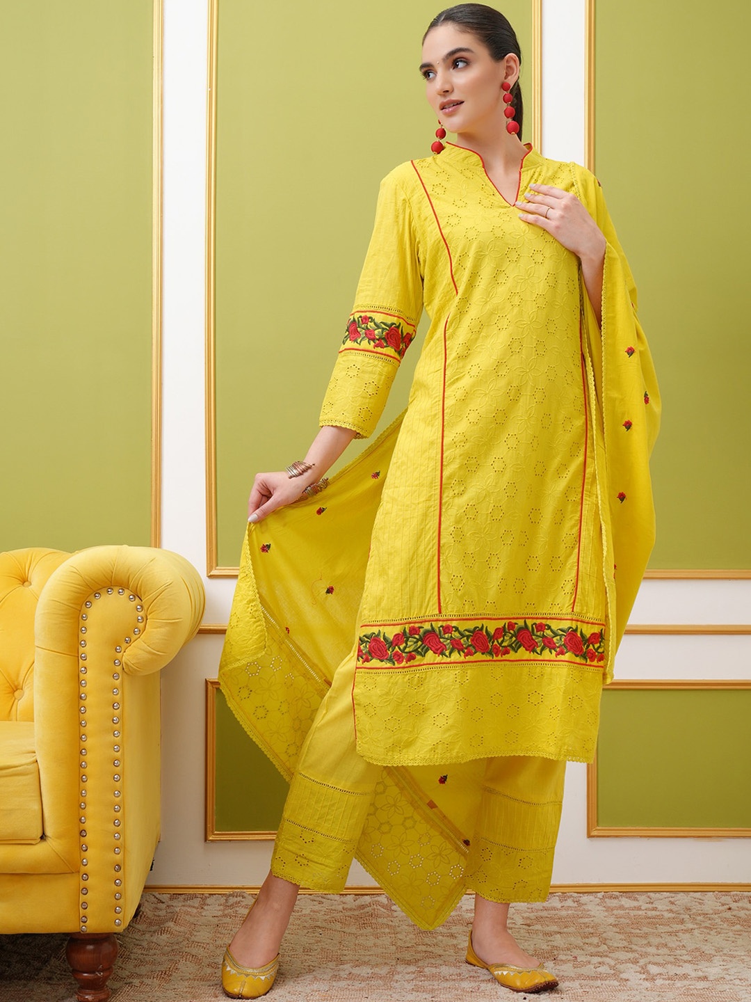 

Vishudh Floral Embroidered Pure Cotton Straight Kurta & Trousers With Dupatta, Mustard