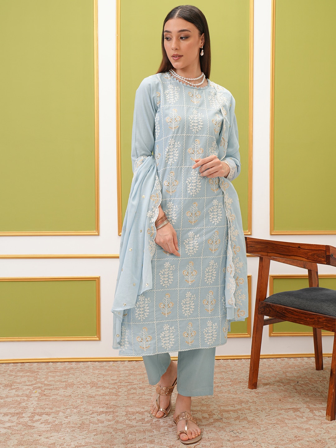 

Vishudh Ethnic Motifs Embroidered Thread Work Pure Cotton Kurta with Trousers & Dupatta, Blue