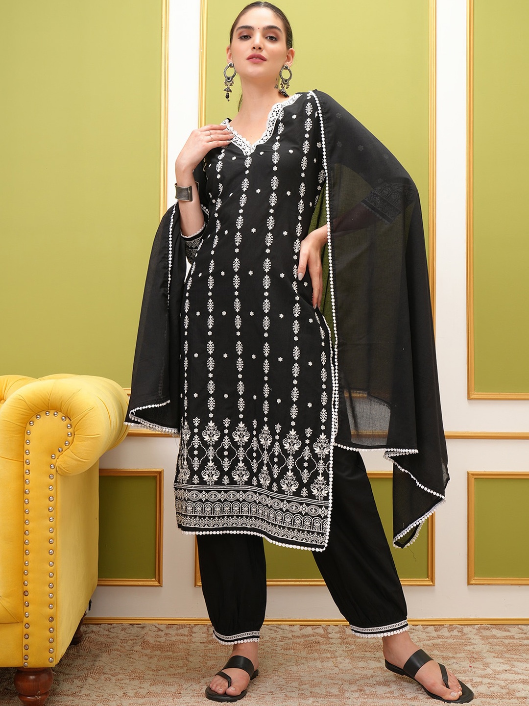 

Vishudh V Neck Embroidered Regular Pure Cotton Kurta with Trousers & With Dupatta, Black