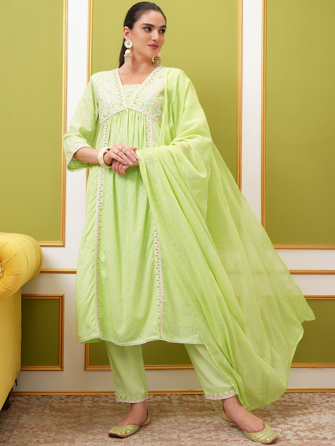 

Vishudh Embroidered Pure Cotton Anarkali Kurta & Trousers With Dupatta, Green