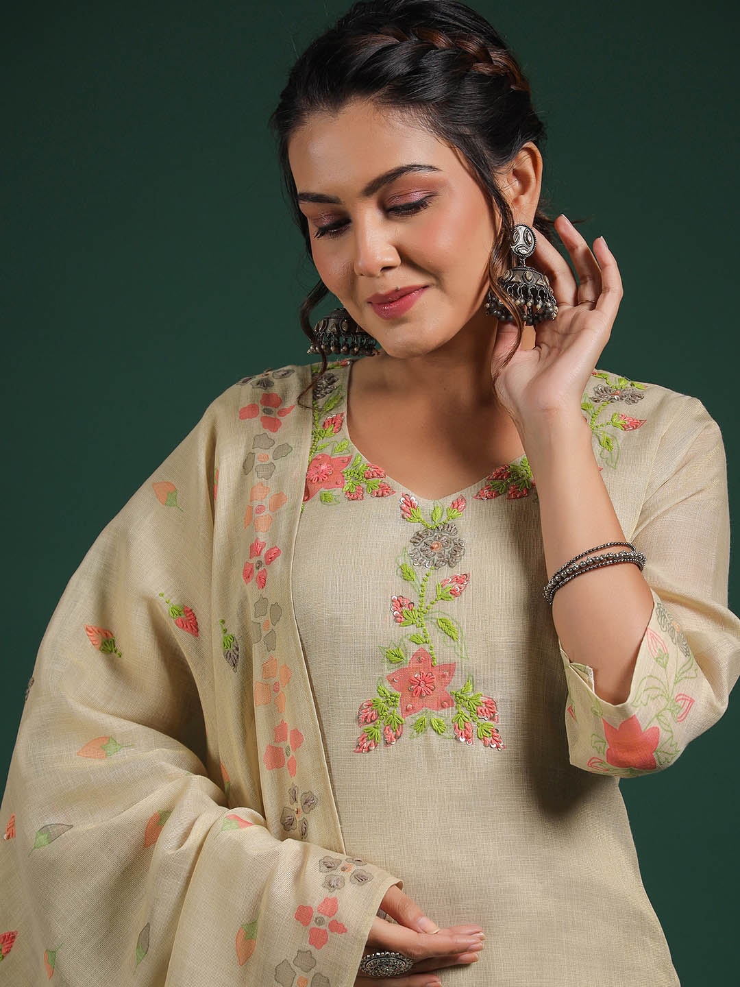

Vishudh Floral Embroidered Regular Thread Work Pure Cotton Kurta with Trouser & Dupatta, Cream