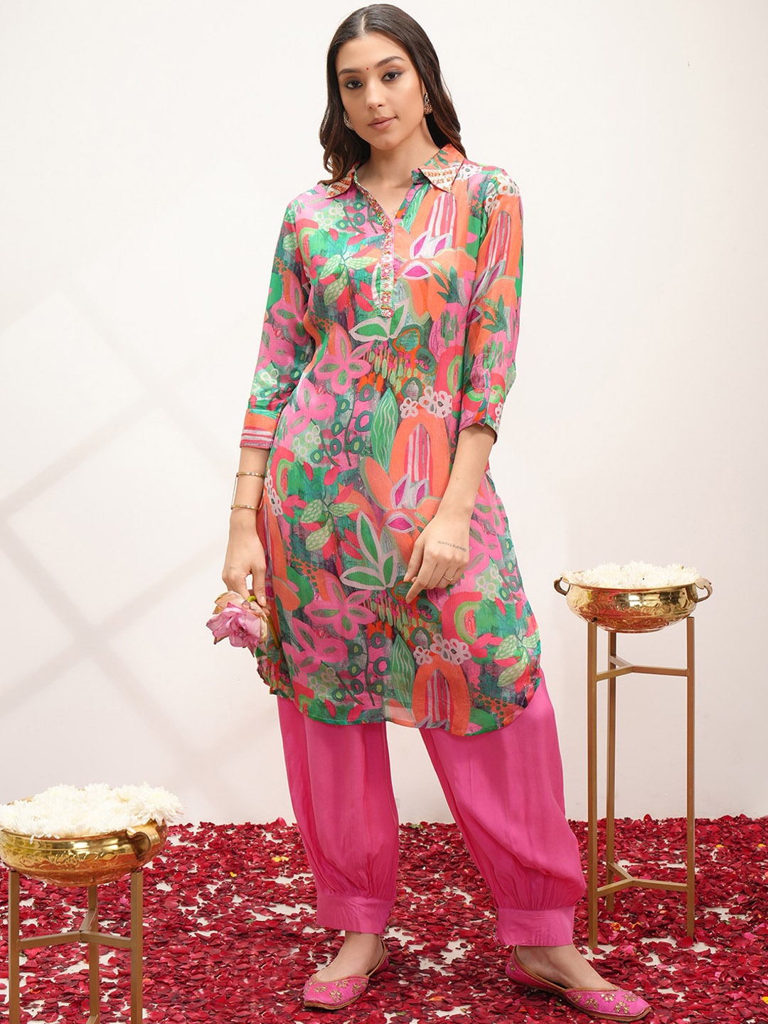 

Vishudh Pink Floral Printed Shirt Collar Tunic With Patiala