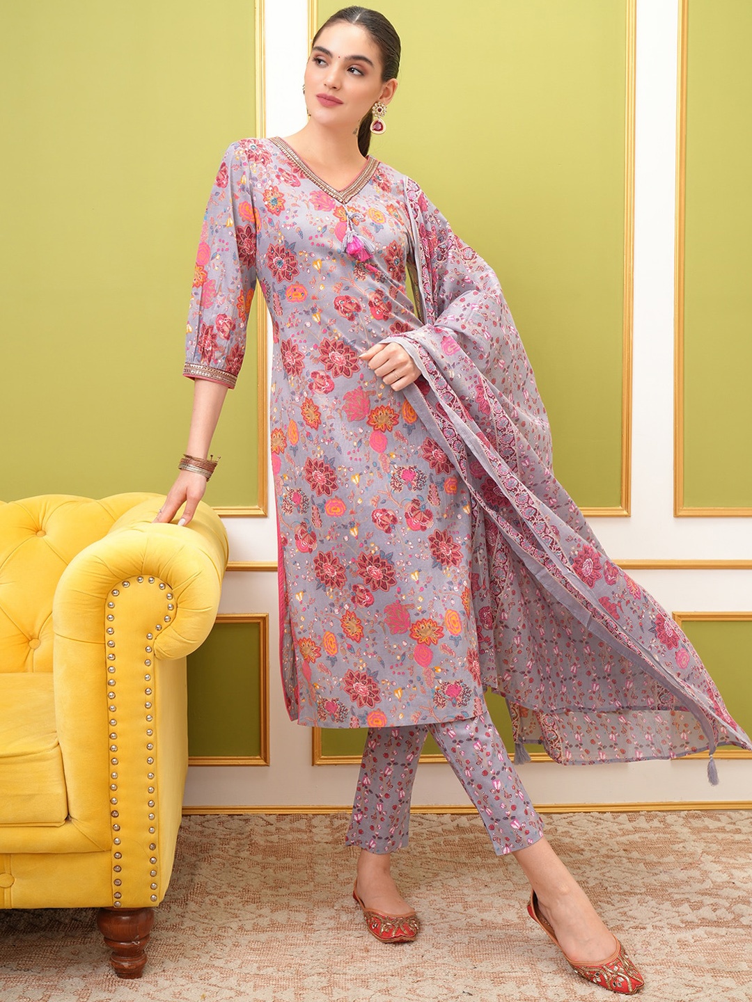 

Vishudh Grey Floral Printed Pure Cotton Straight Kurta With Trousers & Dupatta