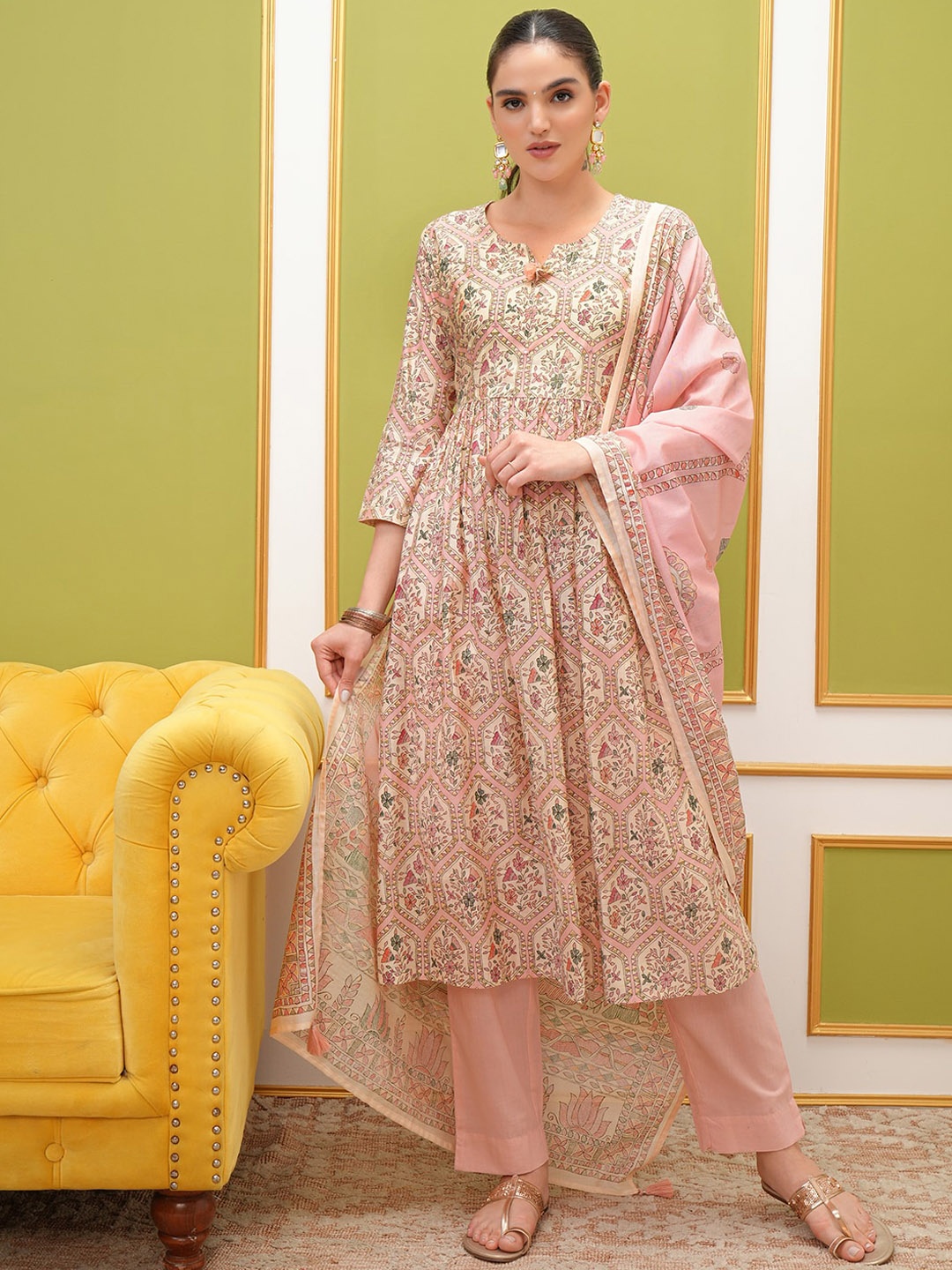 

Vishudh Floral Printed Regular Kurta with Trousers & With Dupatta, Pink