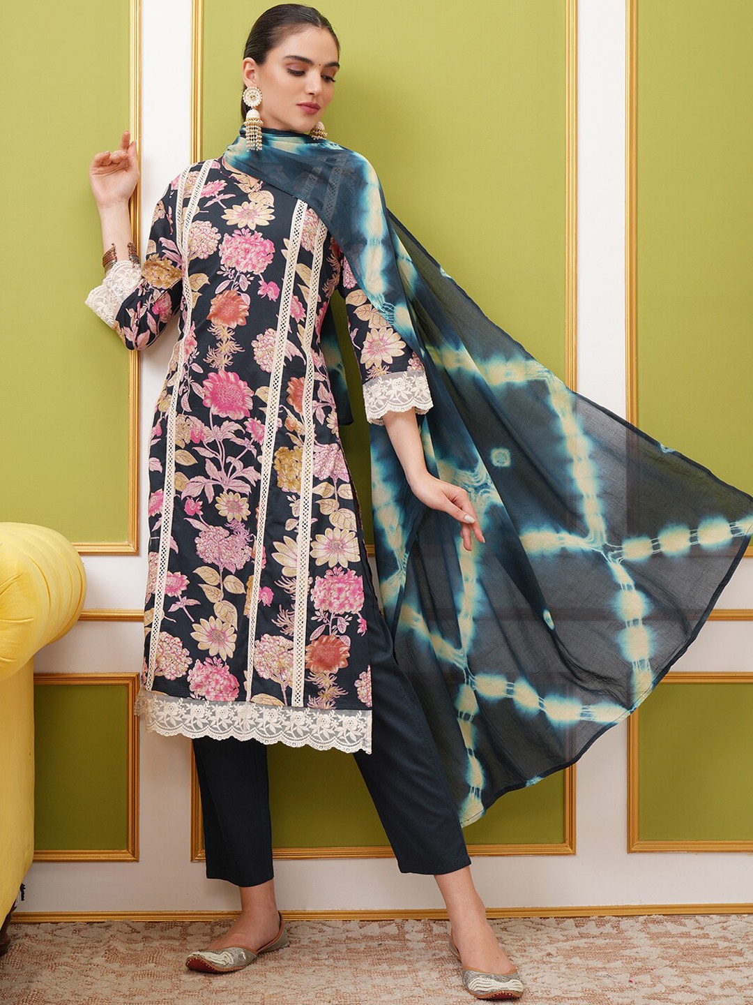 

Vishudh Floral Printed Regular Pure Cotton Kurta with Trousers & With Dupatta, Navy blue