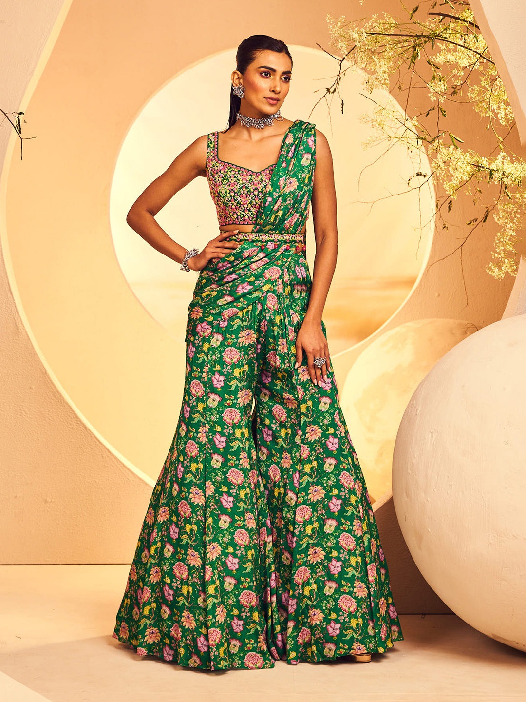 

ANEESH AGARWAAL Floral Printed Ready To Wear Sharara Saree, Green