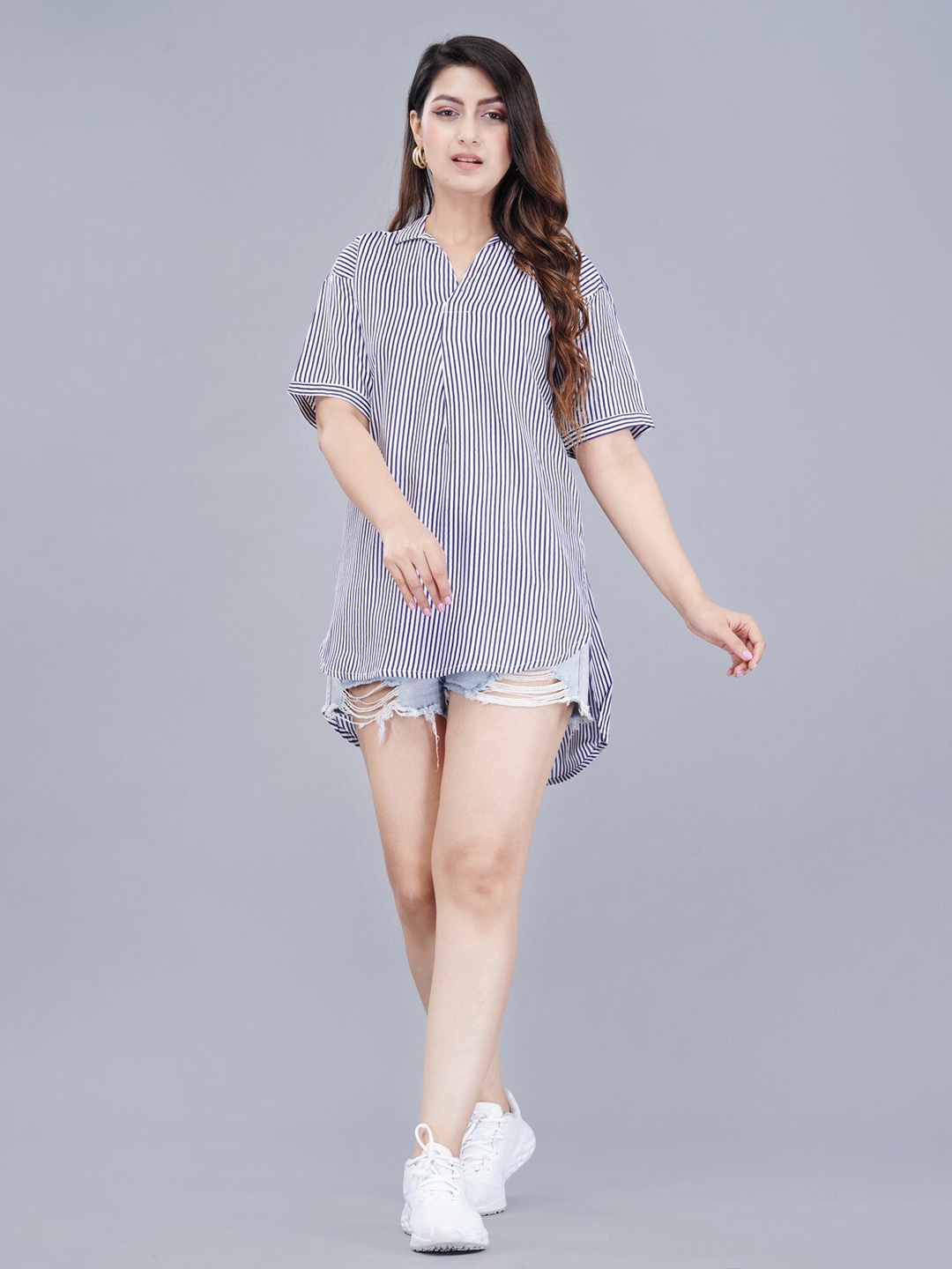 

MANOJAVA Striped Shirt Collar Longline Tops, Blue