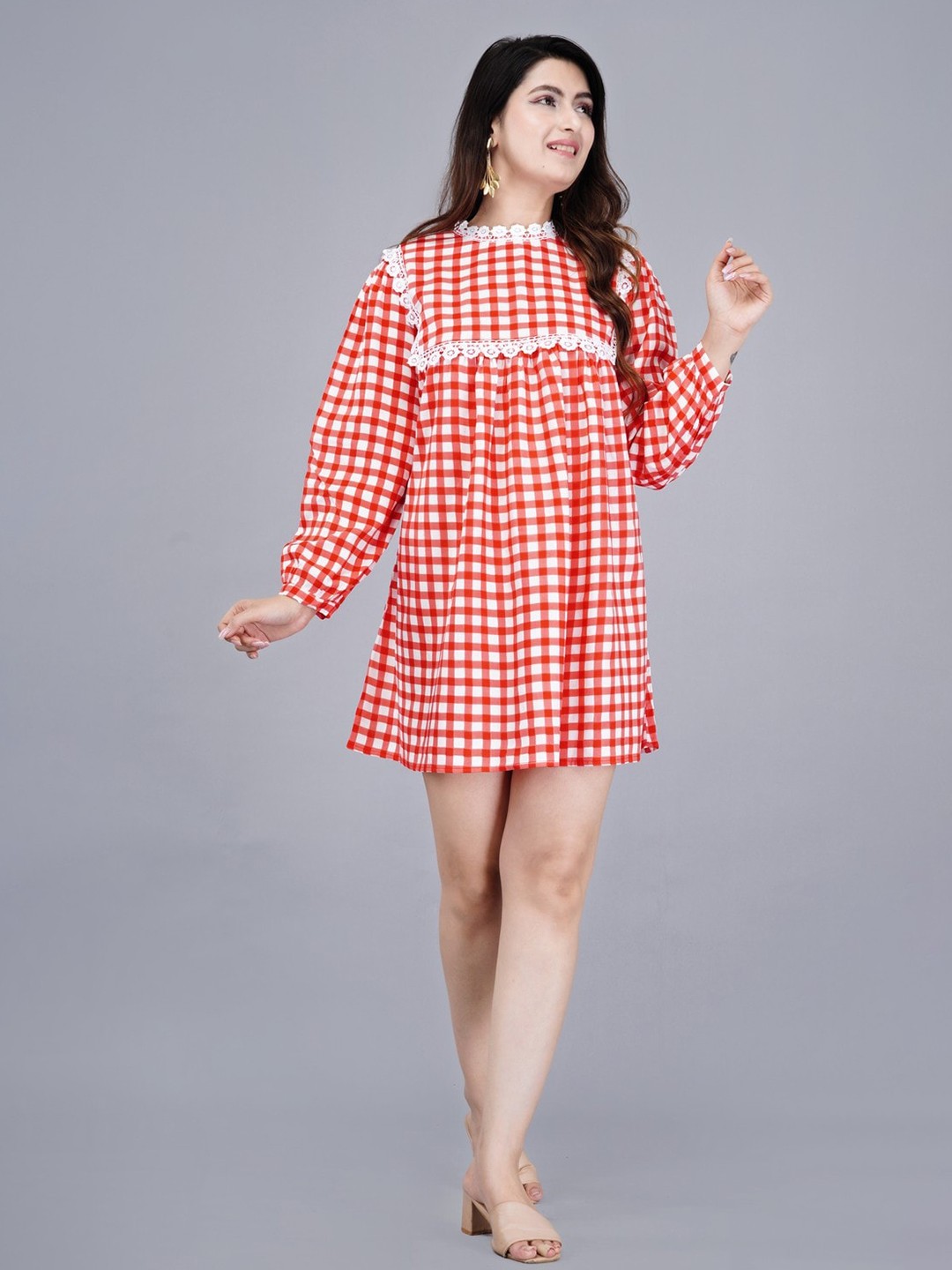 

MANOJAVA Checked Puff Sleeve A-Line Dress, Red