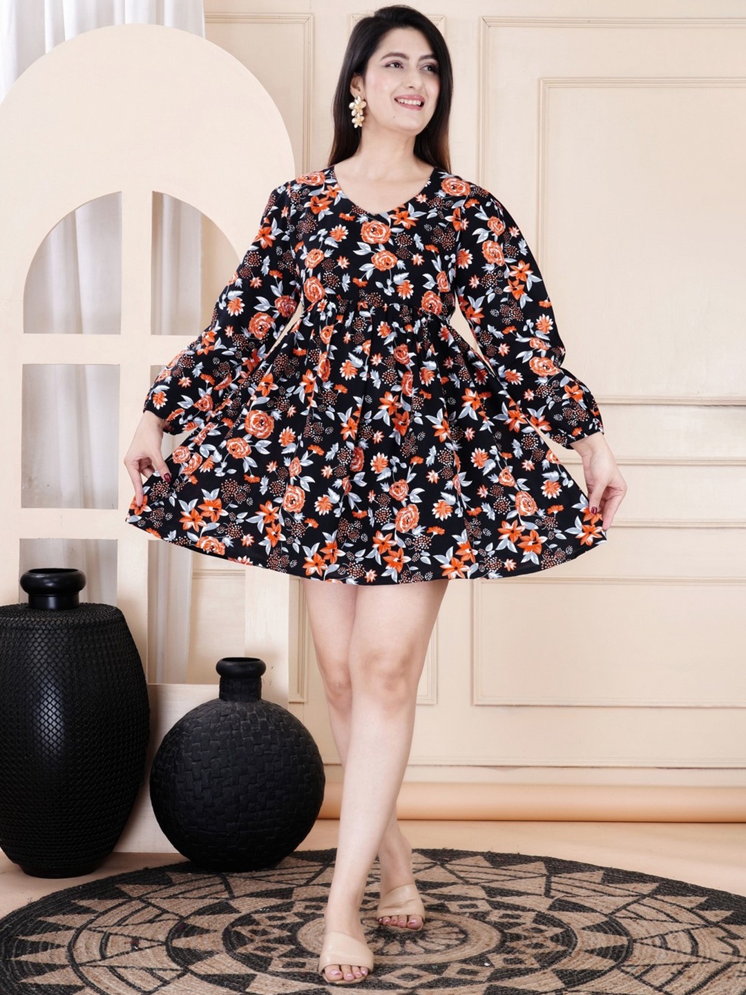 

MANOJAVA Floral Print V-Neck A-Line Dress, Black