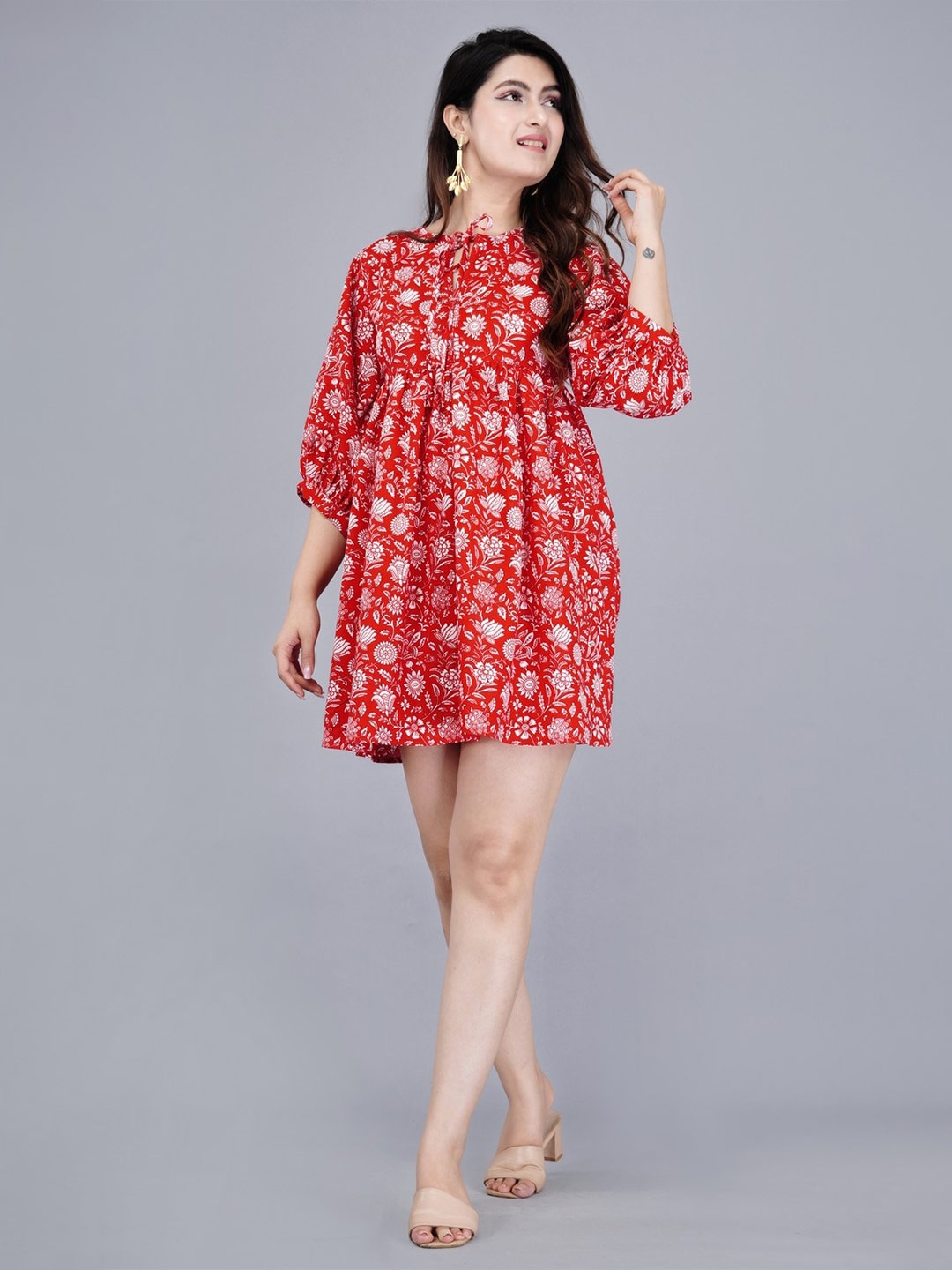 

MANOJAVA Floral Print Tie-Up Neck Fit & Flare Dress, Red