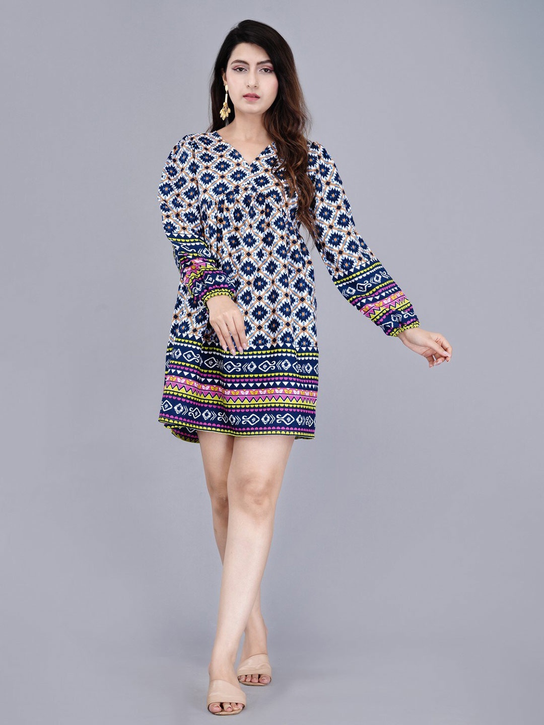 

MANOJAVA Geometric Print V-Neck A-Line Dress, Blue