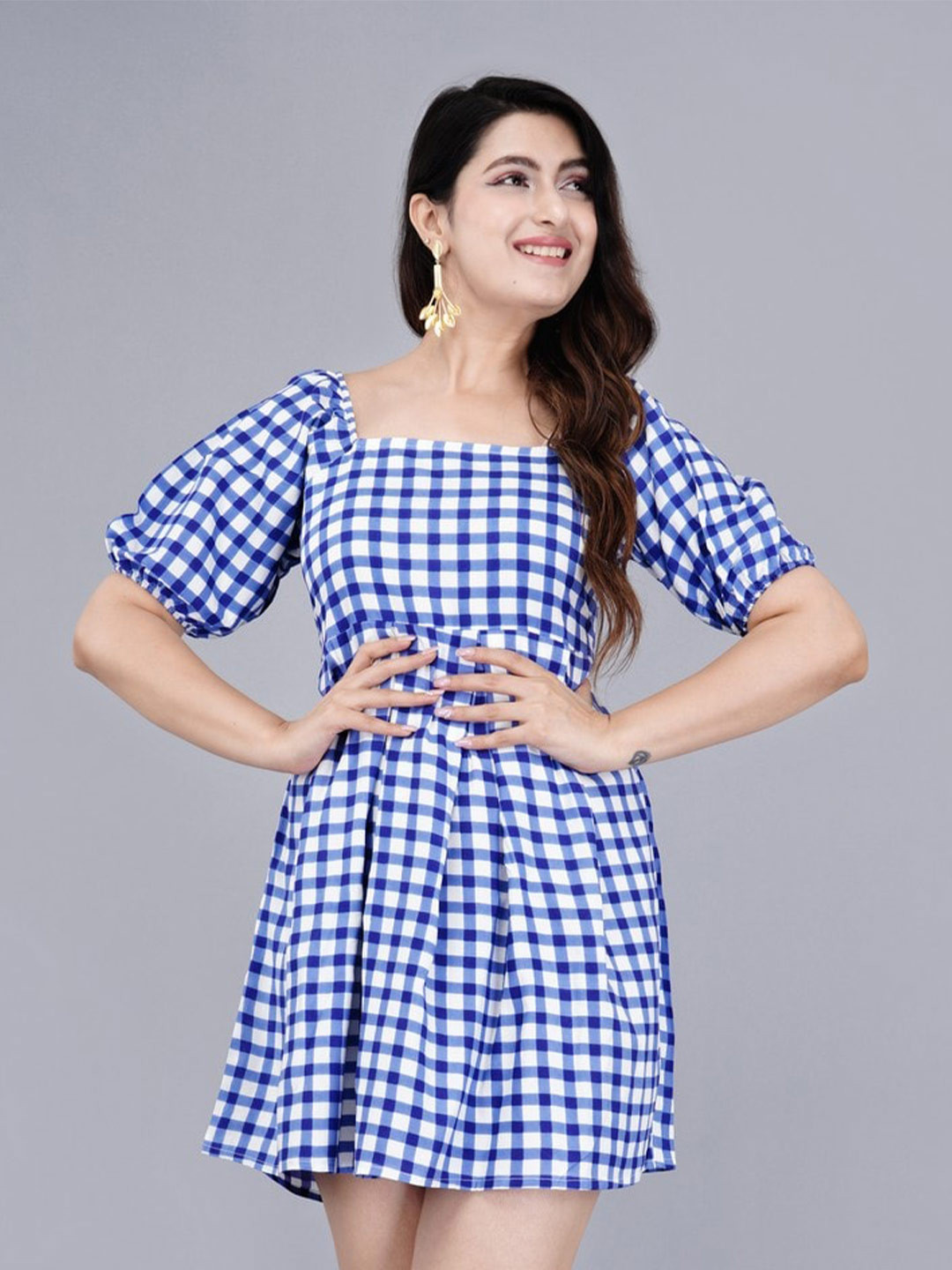 

MANOJAVA Checked Puff Sleeve Fit & Flare Dress, Blue