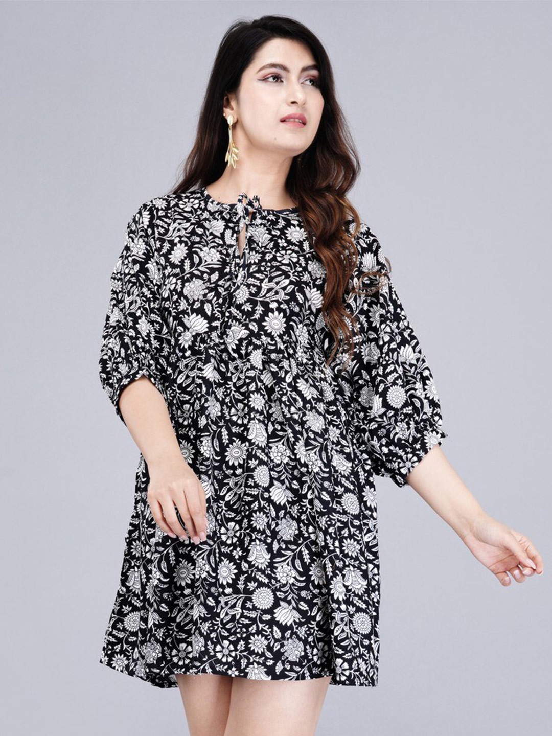 

MANOJAVA Floral Print Tie-Up Neck Fit & Flare Dress, Black
