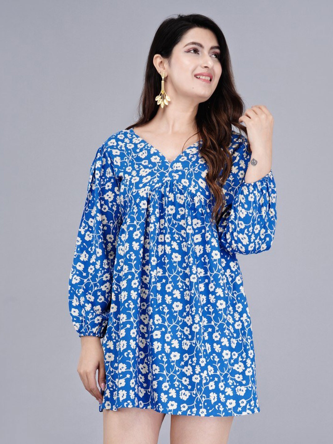 

MANOJAVA Floral Printed V-Neck Long Sleeves Dress, Blue