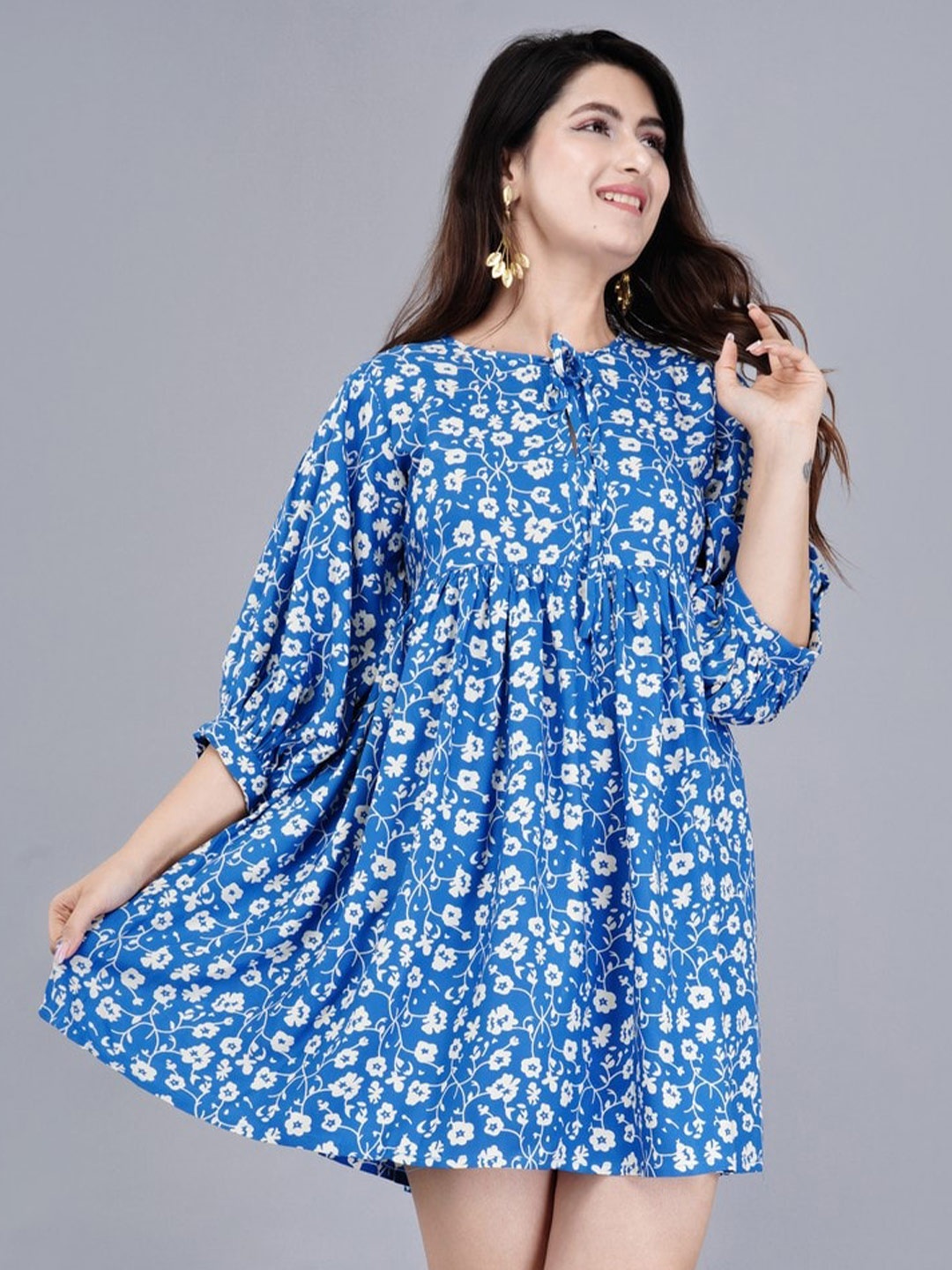 

MANOJAVA Floral Print Tie-Up Neck Fit & Flare Dress, Blue