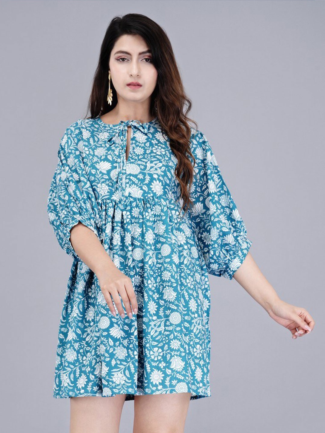 

MANOJAVA Floral Print Tie-Up Neck Fit & Flare Dress, Blue