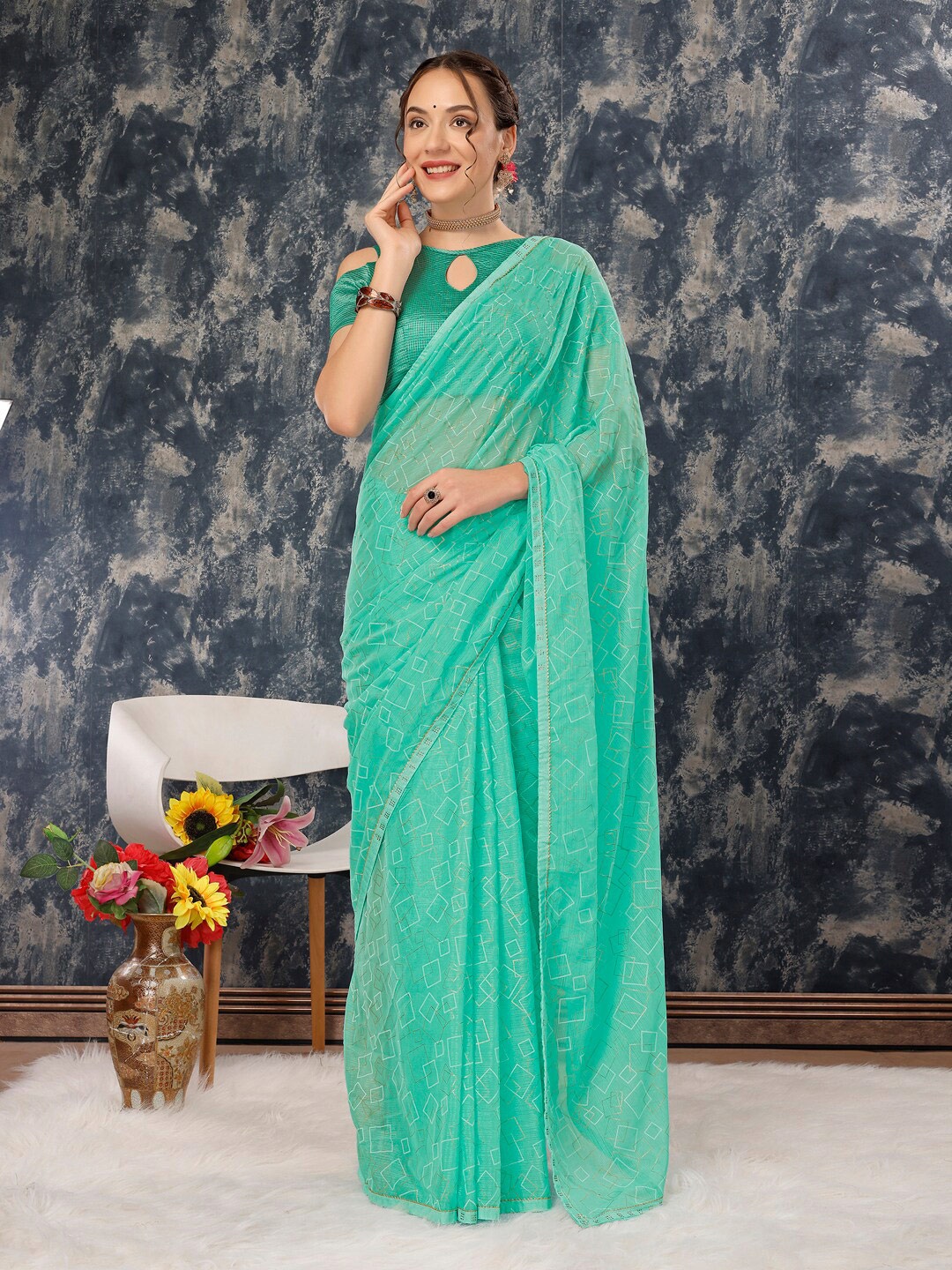 

Indian Women Pure Chiffon Saree, Turquoise blue