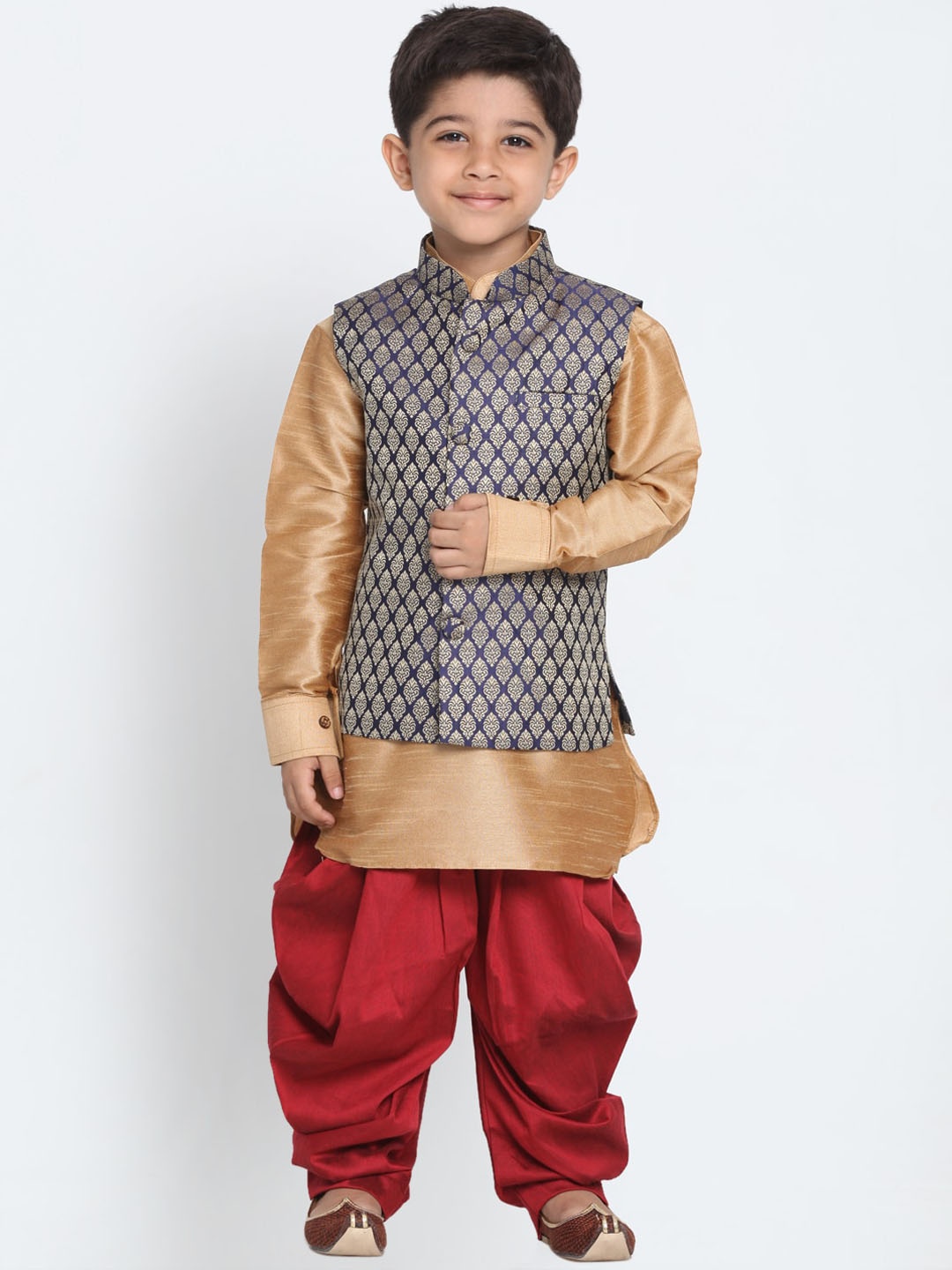 

VASTRAMAY Boys Woven Design Mandarin Collar Long Sleeves Kurta with Dhoti Pants, Rose gold