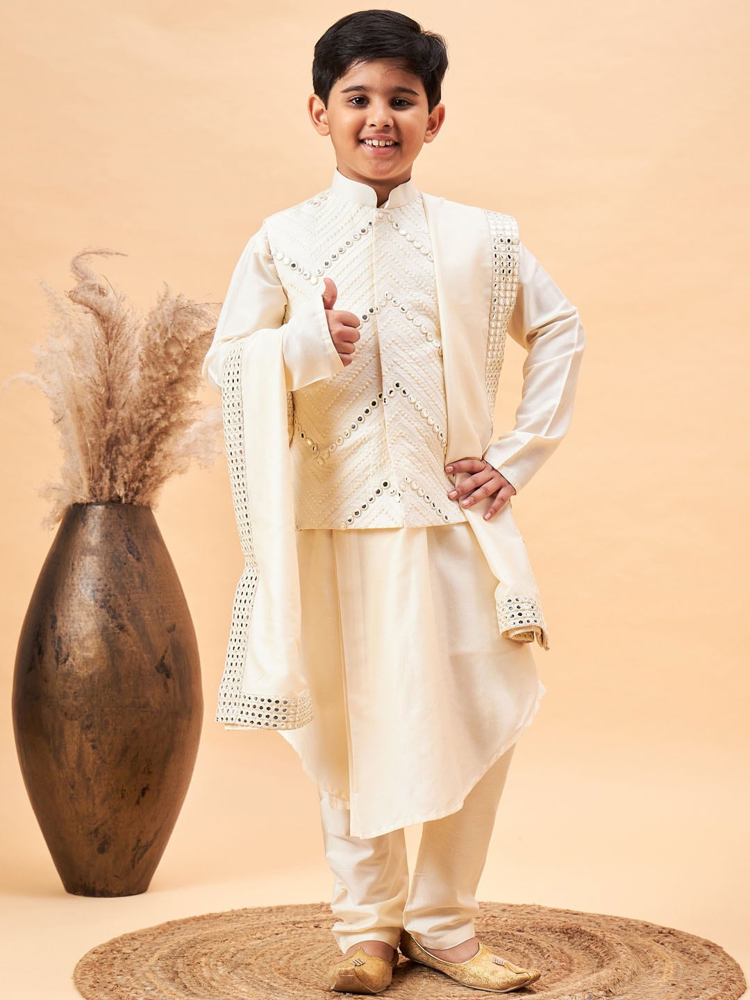 

VASTRAMAY Boys Mandarin Collar Mirror Work Kurta with Pyjamas & Dupatta, Cream