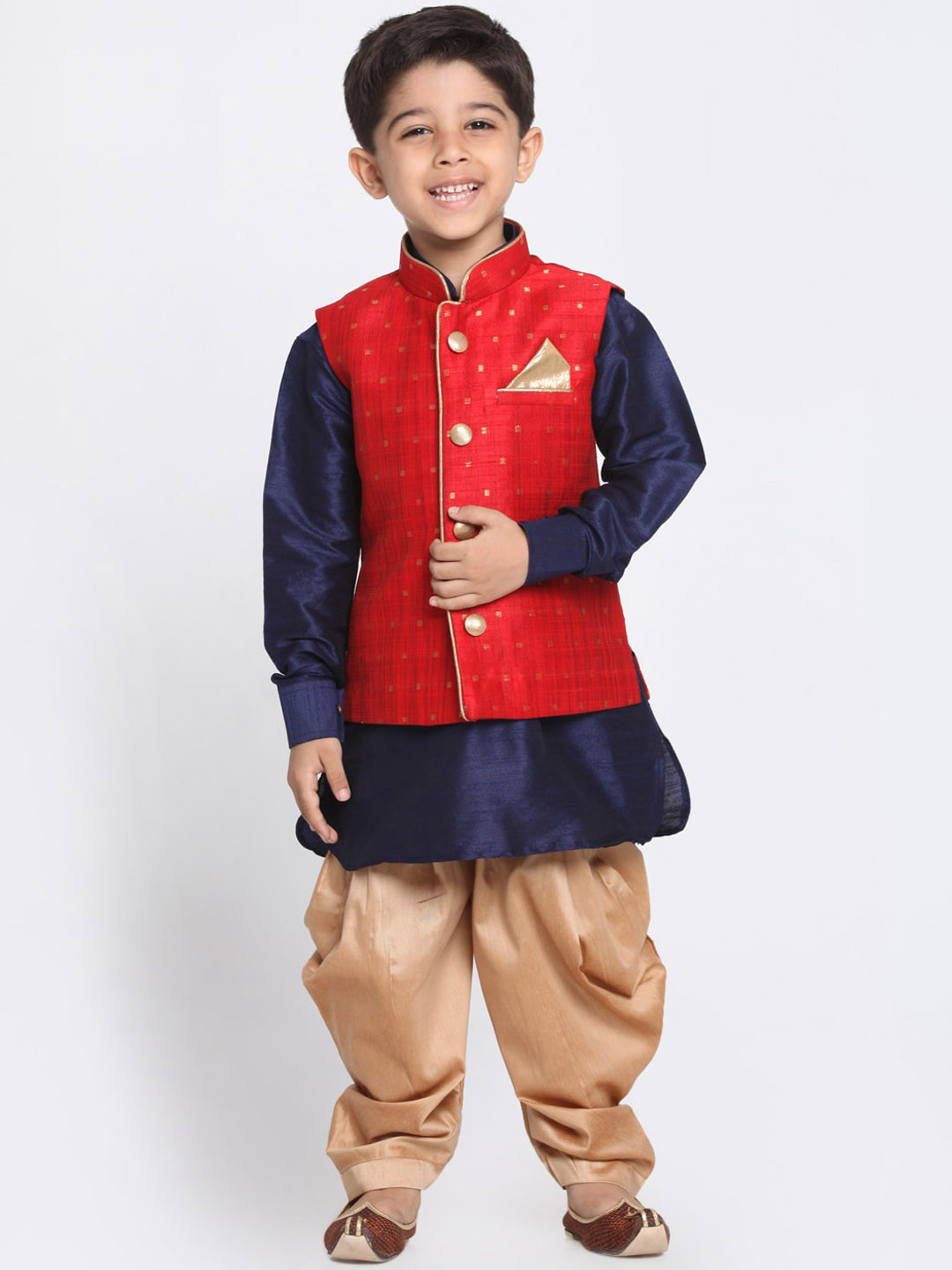 

VASTRAMAY Boys Mandarin Collar Long Sleeves Kurta with Dhoti Pants, Navy blue