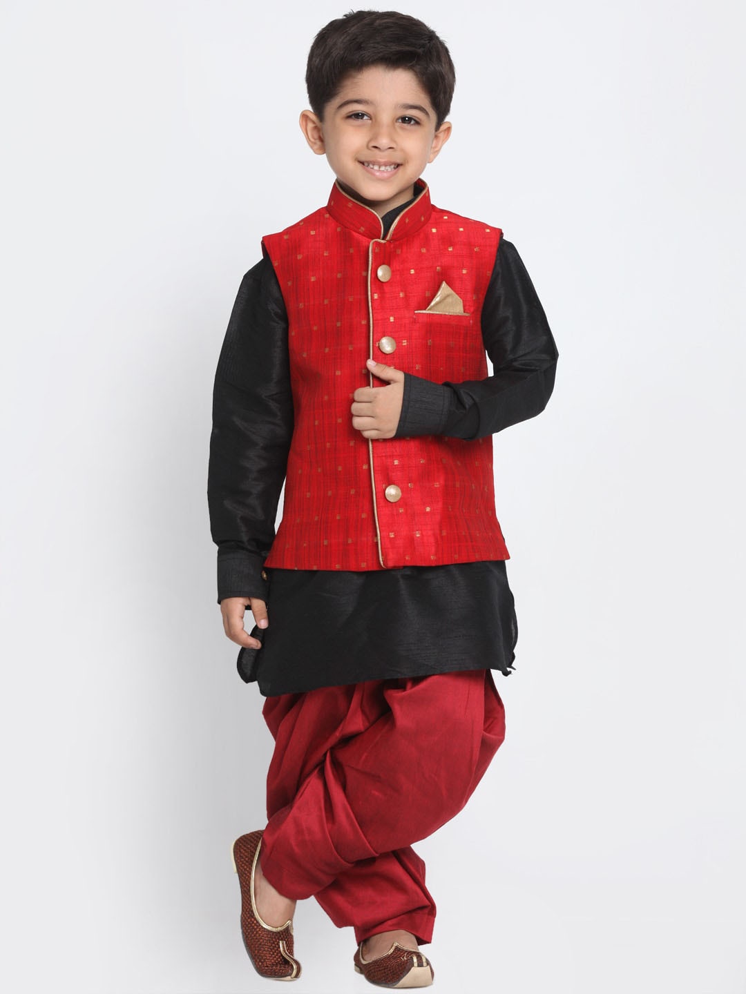 

VASTRAMAY Boys Mandarin Collar Straight Kurta with Dhoti & Nehru Jacket, Black
